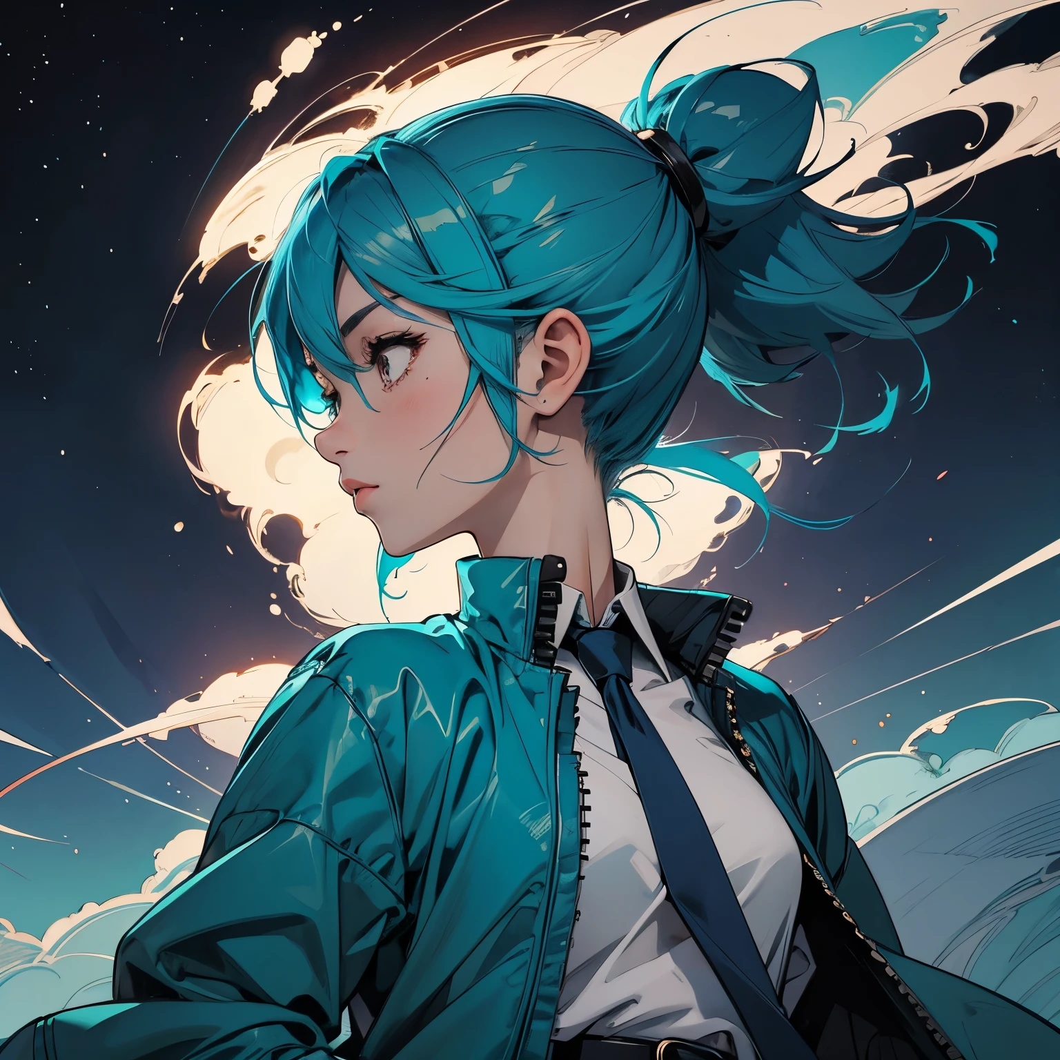 Drawing of a girl with blue hair and a blue jacket, rimuru, 2 d anime style, profile shot of rimuru tempest, rimuru tempest, 2 D Anime, Fubuki, full face shot of rimuru tempest, short hair, Anime girl with teal hair, 2d art, 2 d art, Ponytail Girl, Blue tie, White shirt, Indigo Jacket, Brown belt at waist..