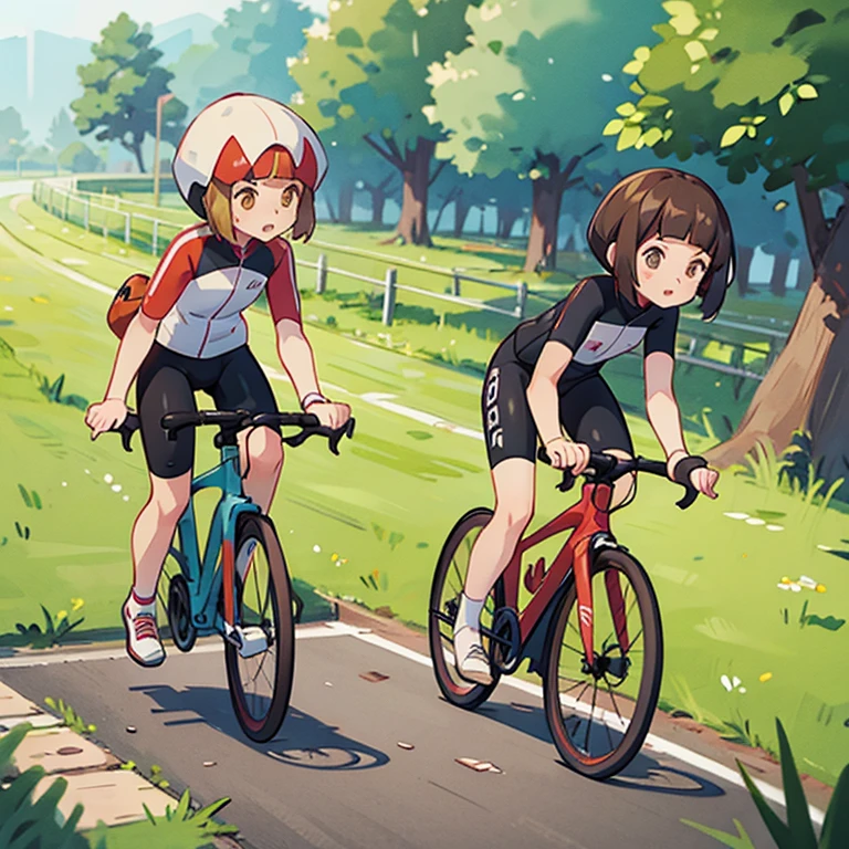 Girls riding bicycles　Cycling Paths　Cycling jersey and racing pants