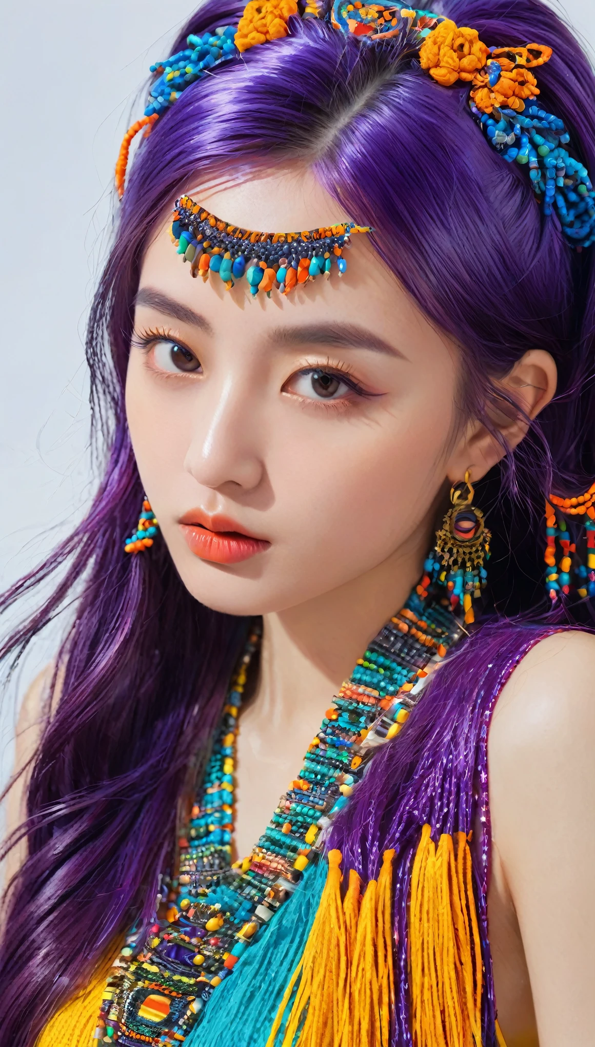 (absurd, high resolution, Super detailed), (1 Girl:1.3), Double tail, purple hair, rest , glitch art, Digital Distortion, Pixelate fragments, Data corruption, Colored Noise, Visual confusion, contemporary aesthetics rest , Enamel Art, Glassy surface, Vibrant colors, Bright finish, Reflective texture, Rich in pigment, fluid forms rest , Ethnic style, Traditional Clothing, Vibrant Patterns, Handmade Textiles, Cultural Themes, Beaded Jewelry, Handmade accessories