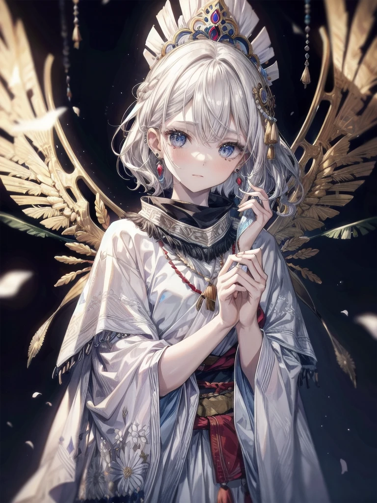 tribal head wrappings, poncho, absurdres, RAW photo, extremely delicate and beautiful, masterpiece, Best Quality, ultra high resolution, 32k, hyperrealistic, ultra-detailed, detailed description, pale skin, 20 years old, tearful mole, earring, short medium hair, wavy hair, whole body shot,