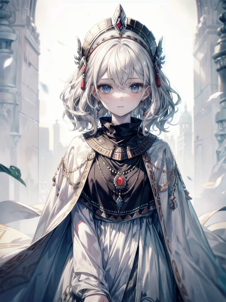 tribal head wrappings, poncho, absurdres, RAW photo, extremely delicate and beautiful, masterpiece, Best Quality, ultra high resolution, 32k, hyperrealistic, ultra-detailed, detailed description, pale skin, 20 years old, tearful mole, earring, short medium hair, wavy hair, whole body shot,