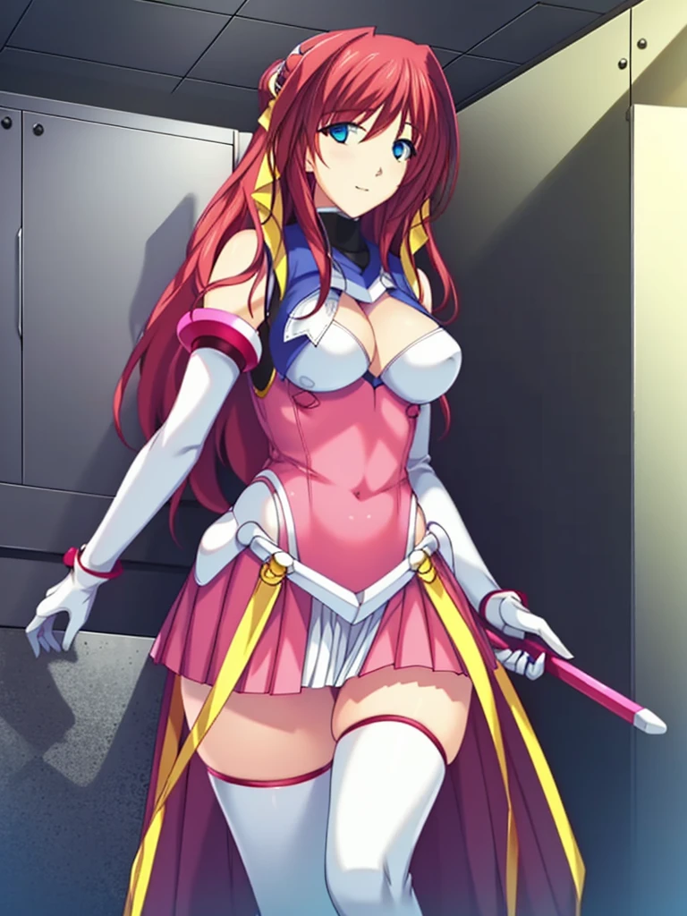 (Ultra extreme detailed),(masterpiece),(Ultra extreme),(Realistic),CG,(color:1.2), alone, Escalayer,pink hair,long hair,hair_ornament,blue eyes,Pink Dress,White long gloves,thigh_boots,,Hypno Lola, Hollow Eyes,(,Inside a futuristic base:1.5),(Wicked Smile:1.4),(銀hair:1.4)