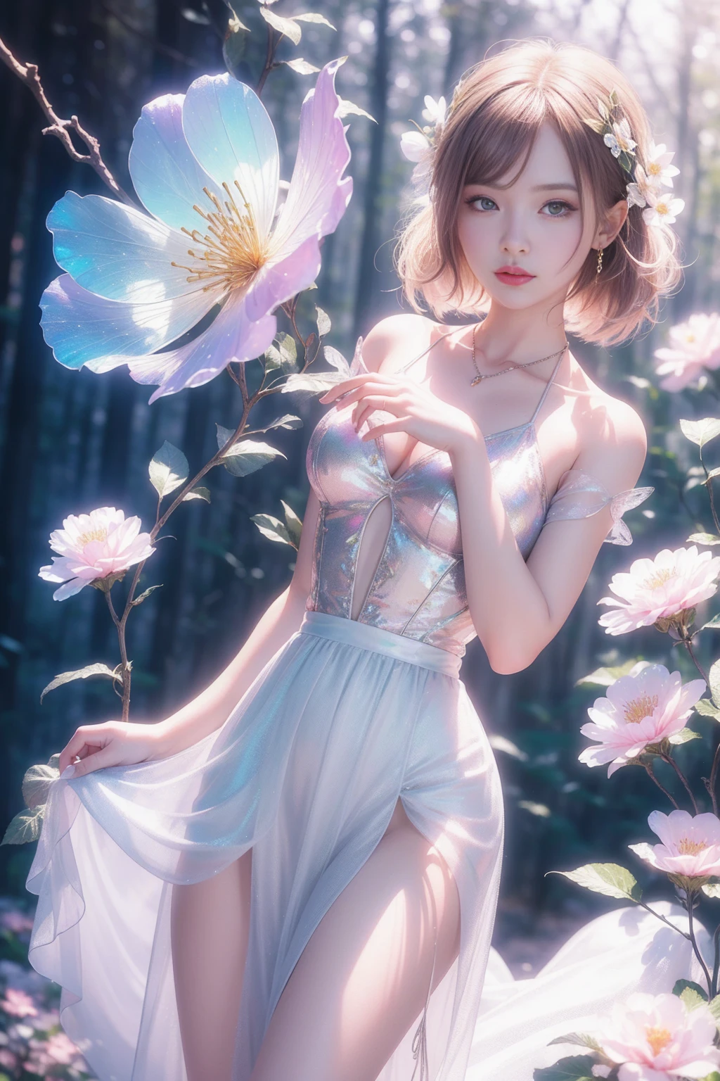 (((girl))，Long skirt，Iridescent colors，(Flower Fairy)，(Rich colors)，spring，Arthur effect, Transparent body, Gradient translucent glass melt, Caustics, Clear glass texture, Iridescent colors, design：Dietrams, Simple, Shining in every detail, White background, 工業design, Studio Lighting, c4d, OC Renderer, Beautiful shadows, 4K