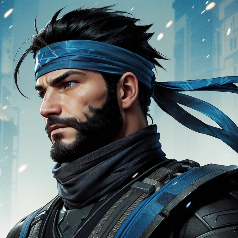 a close up of a man with a bandana on his head, solid snake portrait, profile shot, hanzo from overwatch, textless, solid snake bust portrait, jason fabok. greg staples, portrait of adam jensen, jason fabok, avatar image, inspired by Li Kan, artgerm and genzoman, handsome prince of persia, ronin