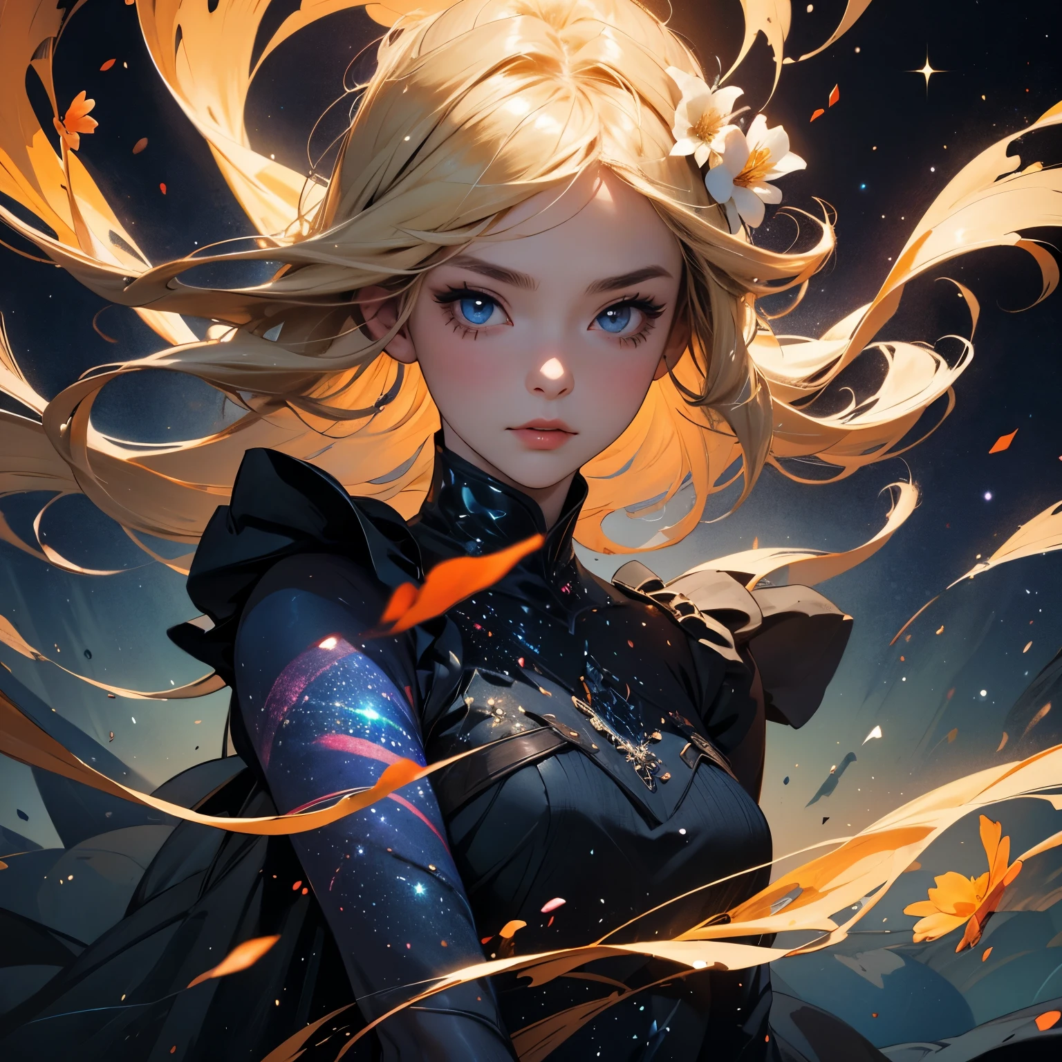 (best quality, masterpiece), 1girl, galaxy, glitter, dress, particle, wind, flower, upper body, dark simple background, looking at viewer, blonde,