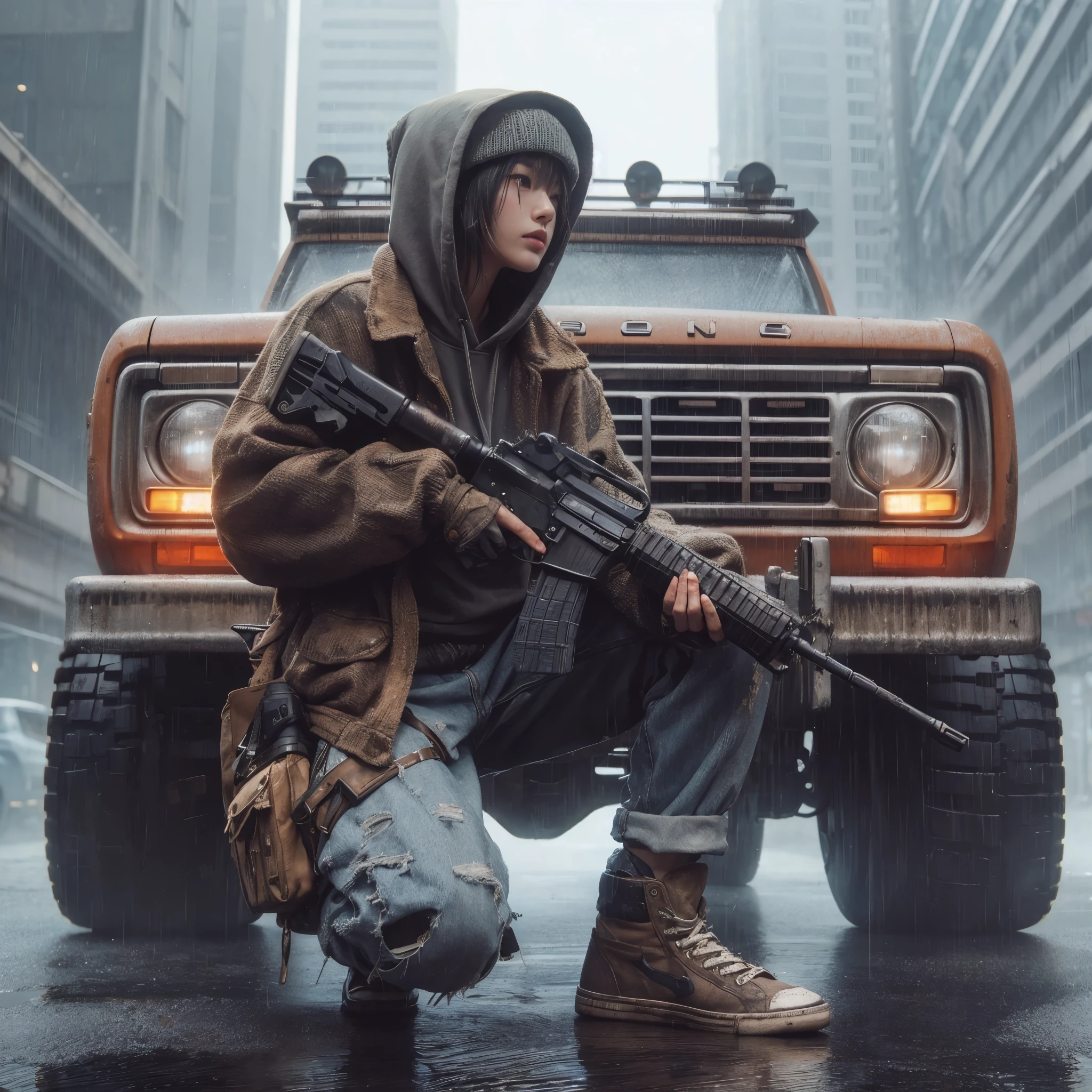 ８ｋ,Realistic Skin Texture、Realistic Photo、Neo Tokyo、Japanese women、Near future、ＡＤ2050、Dirty hunting jacket、Wearing multiple shirts and hoodies、Used automatic rifle、sneakers、Knit cap、、cold、Dynamic pose、Innovative composition、revenge、Near futureの街に不釣り合いな古びた1966年製フォード・ブロンコ、cyber punk、、
