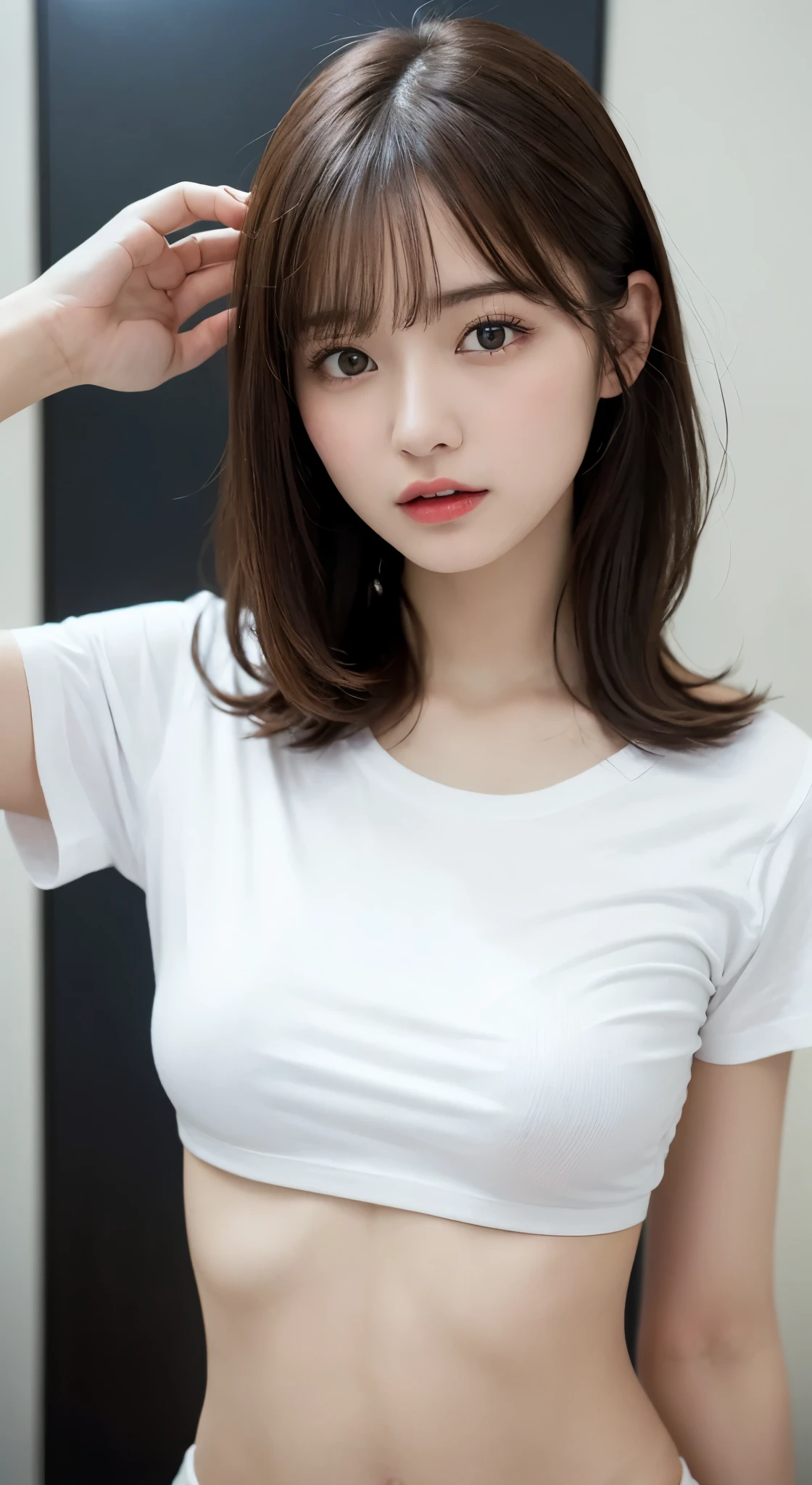 (highest quality), (Ultra-detailed), (Lift up your shirt、Underboob:1.3), (Detailed light), (Very delicate and beautiful、White T-shirt:1.3), 1. Young Girl, Brown Hair, Brown eyes, model, highest quality, Highly detailed CG synthesis 8k wallpaper, High-definition RAW color photos, bright、Sexy pose、(Are thin:1.4)、Slightly 、Beautiful breasthort hair、((Naughty pose、I can see your thighs))、Cowboy Shot