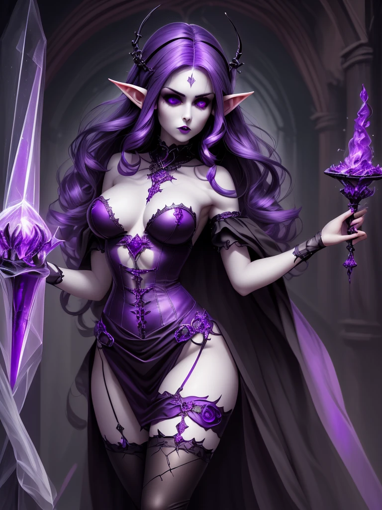 Gothic woman, purple hair, elf, necromancer full body 