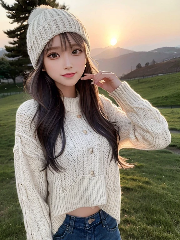 masterpiece, highest quality, High resolution,alone,Two-tone hair, Small earrings,Medium Hair,Artistic,sunset,Best lighting,casual,Flat Chest,Beautiful Face,expensive,smile,light makeup,natural,24-years-old,Calm woman,Hair blowing in the wind,Blurred Background,Face Focus,Detailed Hair,A woman laughing,Woman in outdoor clothing,woman wearing a knitted hat