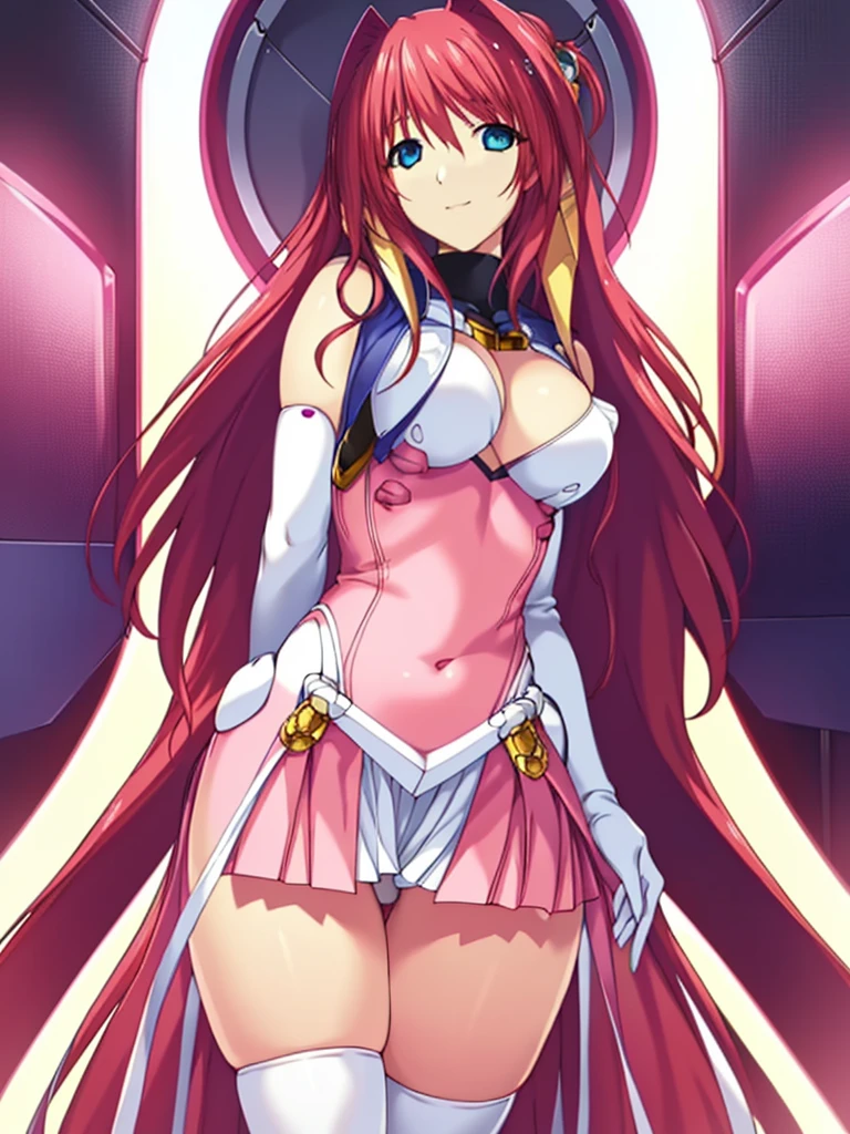 (Ultra extreme detailed),(masterpiece),(Ultra extreme),(Realistic),CG,(color:1.2), Beautiful lighting,Light from the front, alone,smile, Escalayer,pink hair,long hair,hair_ornament,blue eyes,Pink Dress,White long gloves,thigh_boots,,Hypno Lola, Hollow Eyes,(,Inside a futuristic base:1.5),