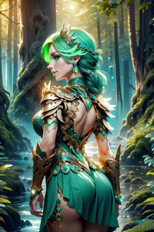 A woman in a green dress and armor standing in a forest 1girl, volumetric light, (bright scene:1.5), cliff, depth of field, bokeh ,hair ornament, (perfect breast) photography, masterpiece, best quality,HDR, highres,realistic details,40K, HDR, highres,
mithrilstylewarrior, aqua shoulder armor, breastplate, aqua hair, aqua eyes, gem, pleated skirt, braid, knight, high heel boots, feathers, (perfect ass:1.5),
