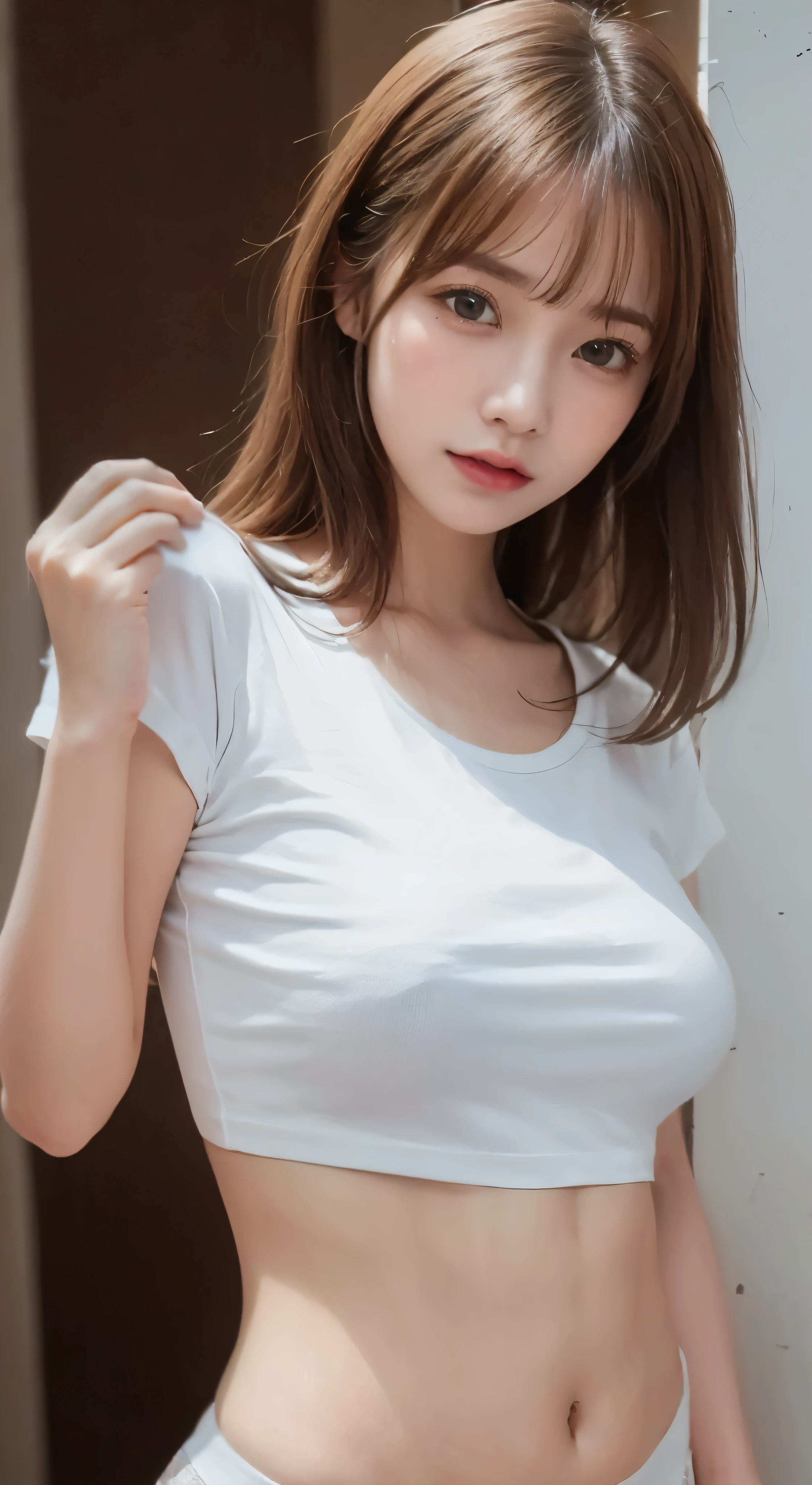 (highest quality), (Ultra-detailed), (Lift up your shirt、Underboob:1.3), (Detailed light), (Very delicate and beautiful、White T-shirt:1.3), 1. Young Girl, Brown Hair, Brown eyes, model, highest quality, Highly detailed CG synthesis 8k wallpaper, High-definition RAW color photos, bright、Sexy pose、(Are thin:1.4)、Slightly 、Beautiful breasthort hair、((Naughty pose、I can see your thighs))、Cowboy Shot