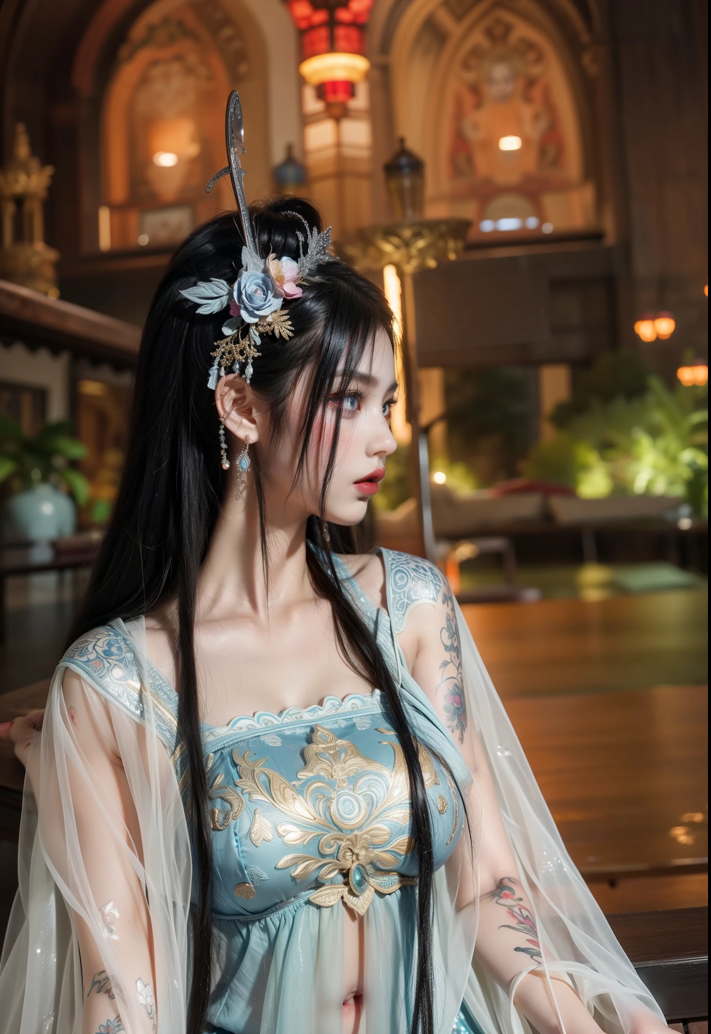 Royal princess,Super detailed, Delicate face, Stock Photography , Portrait 400, F1 Camera Lens.6, rich and colorful, Surreal, Realistic textures, Dramatic Lighting, Thin Film Distiller 800 (8k, original photo, better quality, masterpiece: 1.2), Super detailed, (Extremely delicate skin: 1.2), 8k ultra high definition, SLR camera, Soft Light, high quality.Fire Queen,Blue pupils,Apply red lipstick,Have a tattoo,The tattoo is very three-dimensional,Gorgeous and intricate tattoo designs,8k Mugshot,Large Breasts,Dark eyeshadow,Sexy thick lips(Red lipstick),Silk jumpsuit,Standing sideways,The side face is very three-dimensional,Dunhuang Mogao Grottoes