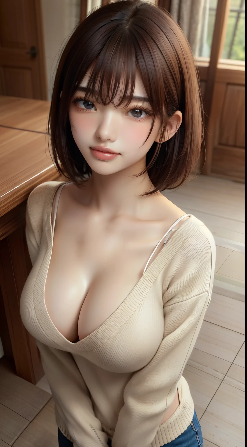 ((highest quality、Best image quality、Ultra-high resolution、Ultra-high resolutionで描画、solo、Please look closely at the camera、Light-colored eyes))、1 girl、Realistic、Depth of written boundary、Natural soft light、Daytime、attractive、Beautiful Face、Cleanliness、Pure Face、White skin、cute、short hair、Beach、Light of the sun、Medium Breast、Whole Body Ezbian、((Light dark blue sweater、黄金比のBeautiful Face、Very beautiful big、Beautiful and very large breasts、I opened my chest、Show to the audience、Expose your hips、Expose your shoulders、Lean forward to show your breasts))、Long neck、Listen carefully、Neat short bob with bangs、Very smiling、Perfect Fingers、Perfect hands、Perfect body、Perfect Face、Shine a light into your eyes、Perfect Anatomy、Tall Supermodels、Long-legged supermodel、Supermodel with a Long neck、Broad shoulders、Arms hang down at sides、stand、Bust seen from slightly above、Bright windowsill background、Smile at the audience、Laughter、smile、Today is very big、Beautiful Teeth、Beautiful Teeth alignment、Open your chest wide、Beautiful décolletage、Very beautiful sexy woman in revealing clothes、Focus on your audience、Look up at the viewer slightly above、Look up a little、Shadow Fade