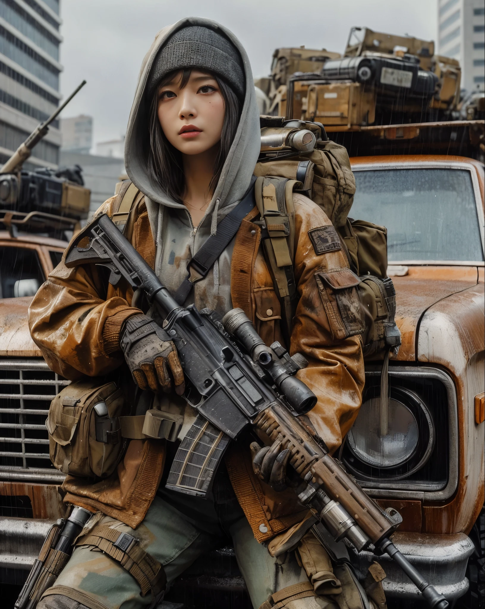 8k,Realistic Skin Texture、Realistic Photo、Neo Tokyo、Japanese women、Near future、AD2050、Dirty hunting jacket、Wearing multiple shirts and hoodies、Used automatic rifle、sneakers、Knit cap、、cold、Dynamic pose、Innovative composition、revenge、Near futureの街に不釣り合いな古びた1966年製フォード・ブロンコ、cyber punk、、