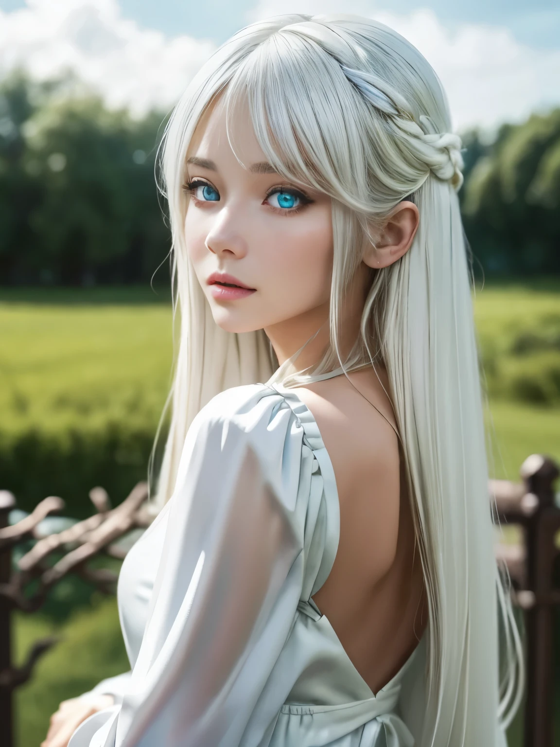 masterpiece, highest quality, Realistic:1.5, 8k Raw Photo:1.5, Very detailed, Physically Based Rendering, Lightning in the movie, Intricate details, High resolution, Official Art, Beautifully detailed face and eyes, High resolutionの生写真:1.5, 8k, Eye highlights, Depth of written boundary, (Enchanted eyes:1.57), Sharp focus on the eyes, Side Shot, Bokeh, alone, One girl, Platinum Silky Hair,Shiny long white hair, (Sparkling Eyes), Beautiful Landscape, night and day, Upper Body, (turn around),( Uplifting), View your viewers, close