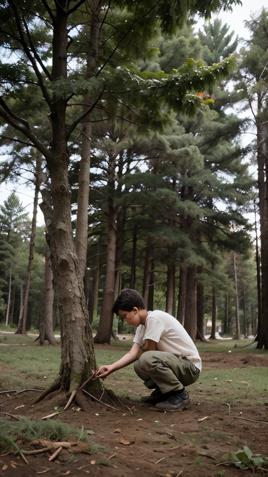 Illustration of a boy planting a tree, with a green and clean forest background