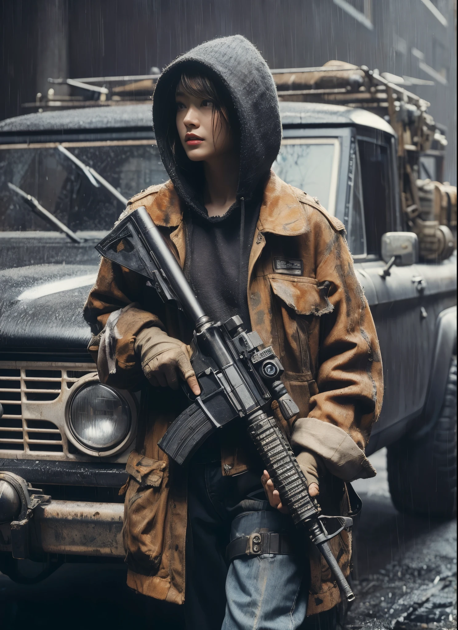 ８ｋ,Realistic Skin Texture、Realistic Photo、Neo Tokyo、Japanese women、Near future、ＡＤ2050、Dirty hunting jacket、Wearing multiple shirts and hoodies、Used automatic rifle、sneakers、Knit cap、、cold、Dynamic pose、Innovative composition、revenge、Near futureの街に不釣り合いな古びた1966年製フォード・ブロンコ、cyber punk、、