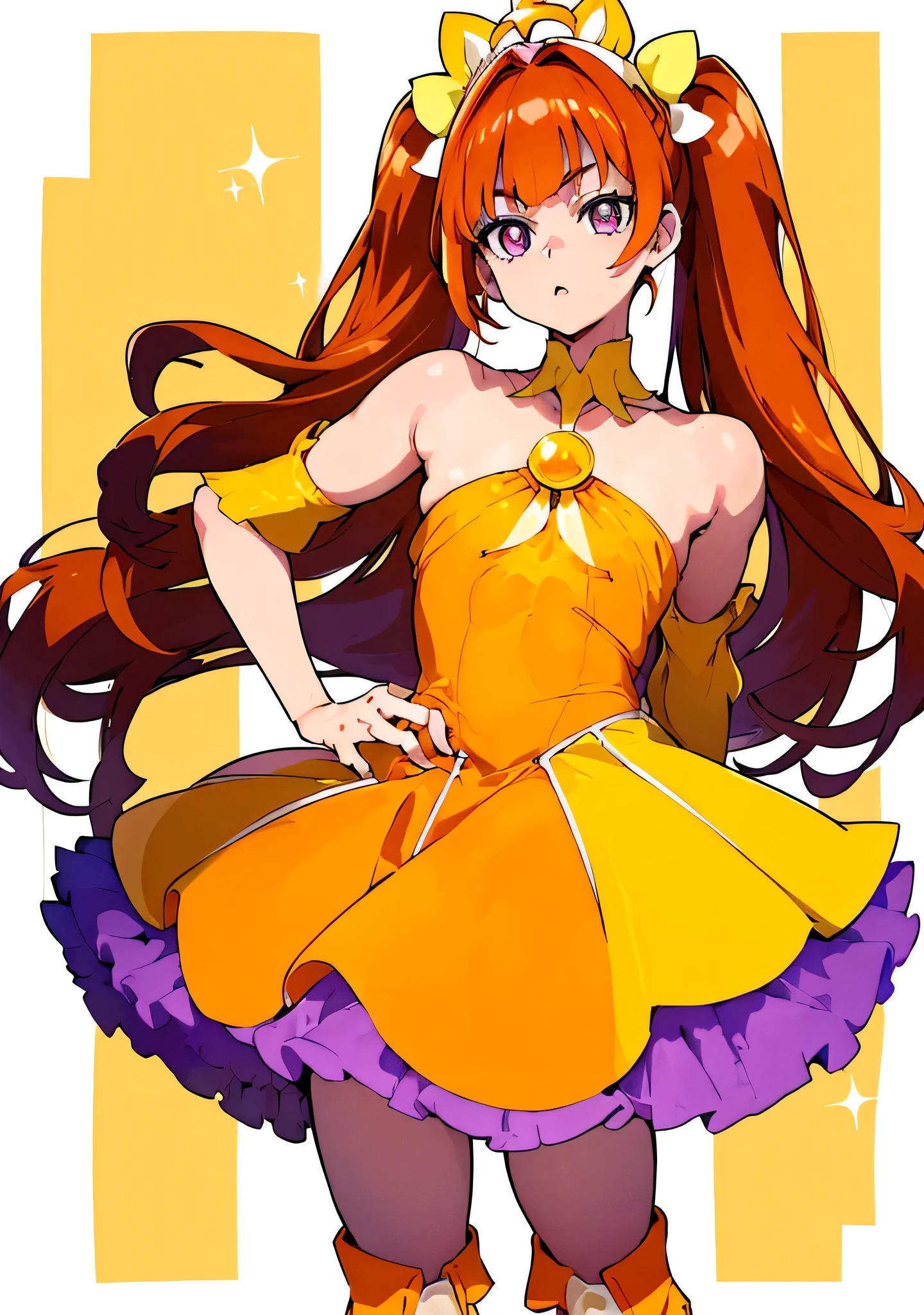 Cartoon image of a man in a dress、A boy with orange-brown half-pigtails、Official Art、solo、Boy with long orange-brown two-sided updo、JewelryBrooch、Sparkling Magical Boy、Official artwork、Anime Prince、Purple eyed boy、Headquarters artwork、Muscular man、Fan art、Beautiful、Bare shoulders、Bare Arms、Bare neck circumference、Cool anime boys、Shoulderless Dress、Orange and yellow and purple costumes、Purple mini skirt with yellow ruffle layers、Pale orange thigh-high boots、Dress Up Darling Anime、Official Anime Artwork、