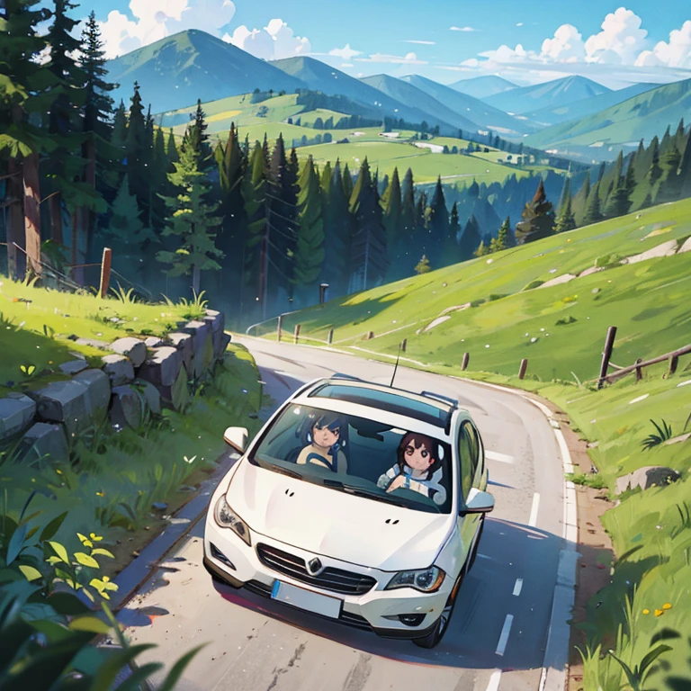 Girls driving through the mountain pass