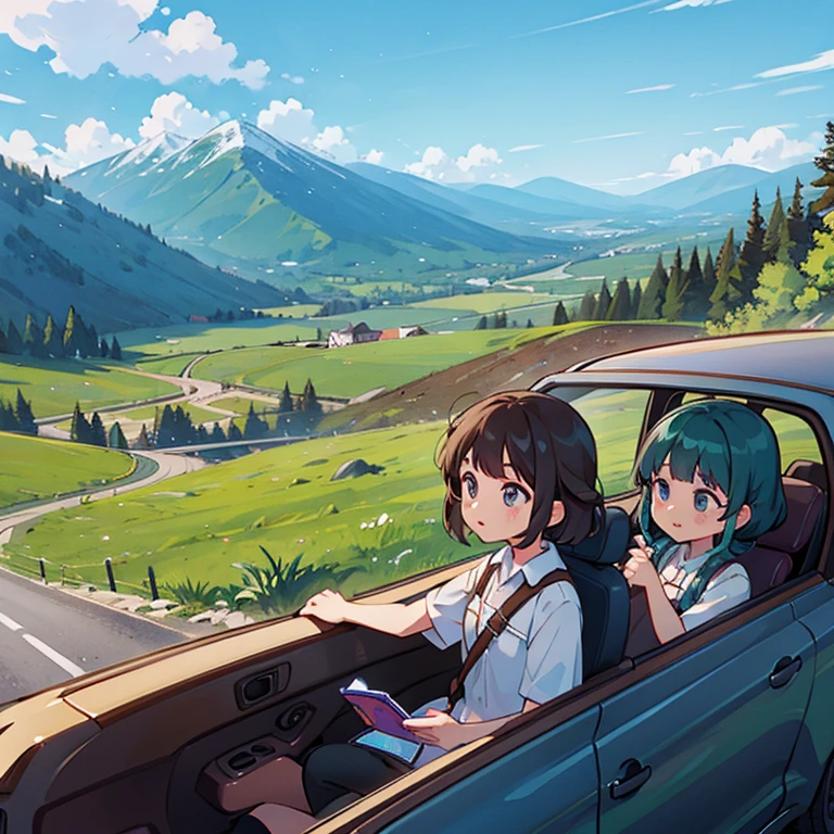 Girls driving through the mountain pass