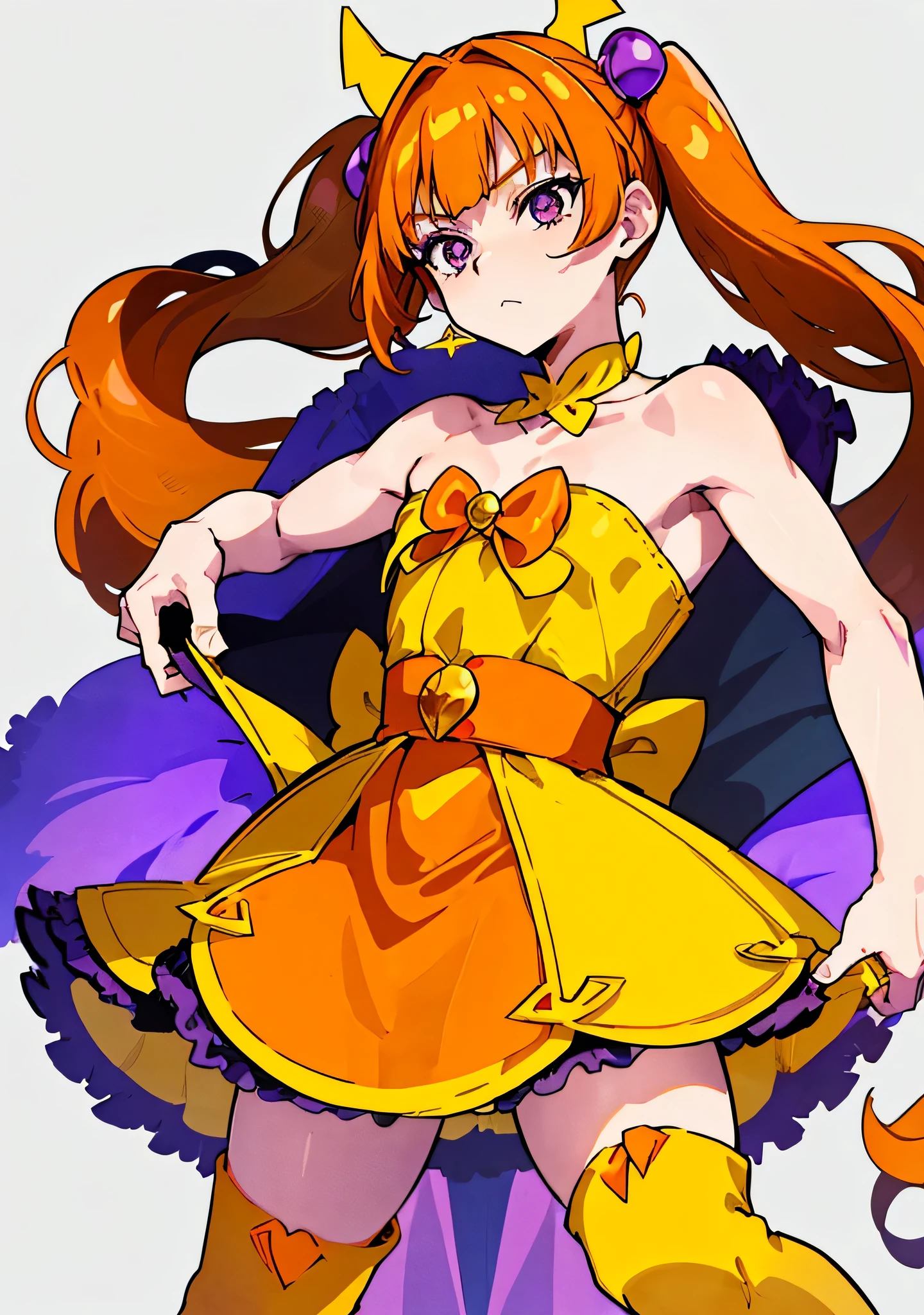 Cartoon image of a man in a dress、A boy with orange-brown half-pigtails、Official Art、solo、Boy with long orange-brown two-sided updo、JewelryBrooch、Sparkling Magical Boy、Official artwork、Anime Prince、Purple eyed boy、Headquarters artwork、Muscular man、Fan art、Beautiful、Bare shoulders、Bare Arms、Bare neck circumference、Cool anime boys、Shoulderless Dress、Orange and yellow and purple costumes、Purple mini skirt with yellow ruffle layers、Pale orange thigh-high boots、Dress Up Darling Anime、Official Anime Artwork、