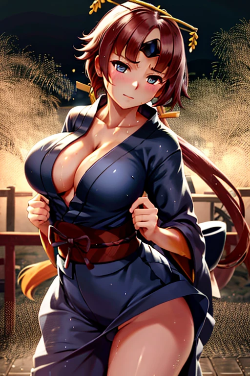 (masterpiece:1.5),(best quality:1.5),(high resolution:1.5),(8k:1.5),(Ultra HD:1.5),(perfect face:1.5),(beautiful detailed eyes:1.5),(Cowboy Shot:1.5) ,(extremely detailed face:1.5),(perfect lighting:1.5),(extremely detailed CG:1.5), (perfect hands:1.5),(perfect anatomy:1.5),,(perfect body:1.5),(perfect hands:1.5),(perfect fingers:1.5),(full body:1.5),(fighter:1.3),(1woman:1.3),(megami magazine:1.23),pale skin,(red short hair with long ponytail:1.3),,(red eyes:1.35),(large breasts:1.2),(large ass:1.2),,(sexy look pose:1.5),(Japanese long Yukata:1.3),(Yukata long skirt:1.3), (drunken cool face:1.2),(cameltoe :1.3),(steam:1.2),(wet:1.2),(sweat:1.2),looking at viewer,(Facing forward:1.3)