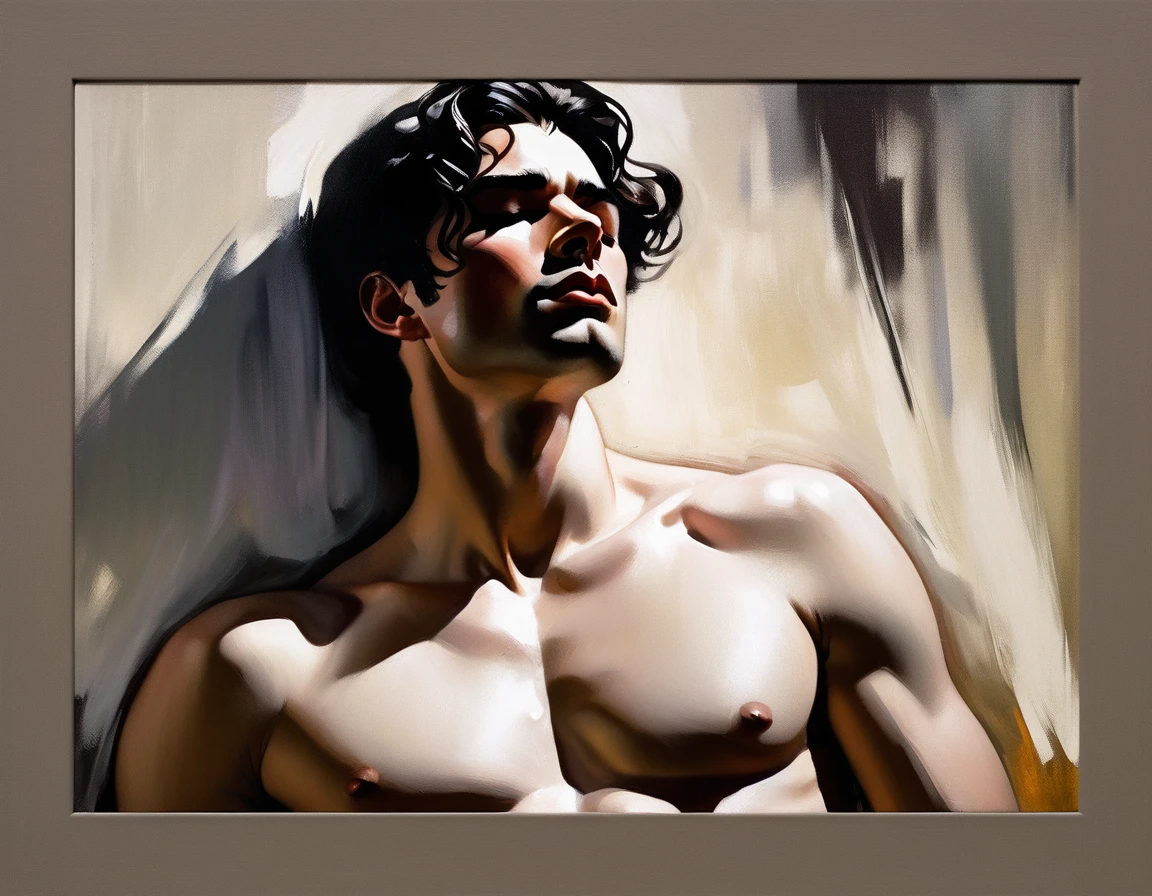 chiaroscuro technique on sensual illustration of an arafed man in white underwear, sexy masculine, diego fazio, male model, by Ludovit Fulla, model with attractive body, inspired by Ludovit Fulla, mid-shot of a hunky, the model draped in flowing, thick oil painting by Harumi Hironaka, extremely soft colors, vibrant, highly detailed, malcolm liepke painting, oil on canvas, high contrast, dramatic, refined, tonal, Create high contrast between light and shadow