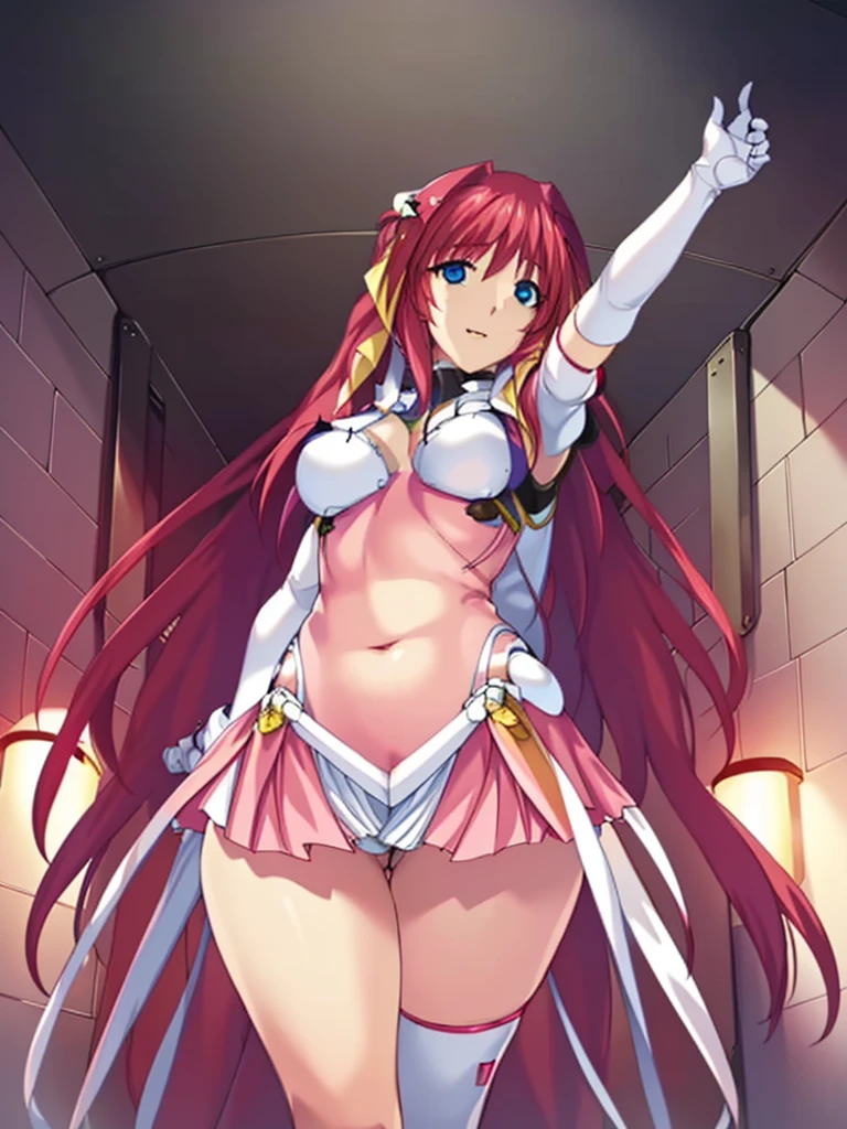 (Ultra extreme detailed),(masterpiece),(Ultra extreme),(Realistic),CG,(color:1.2), Beautiful lighting,Light from the front, alone,smile, Escalayer,pink hair,long hair,hair_ornament,blue eyes,Pink Dress,White long gloves,thigh_boots,,Hypno Lola, Hollow Eyes,(,Inside a futuristic base:1.5),