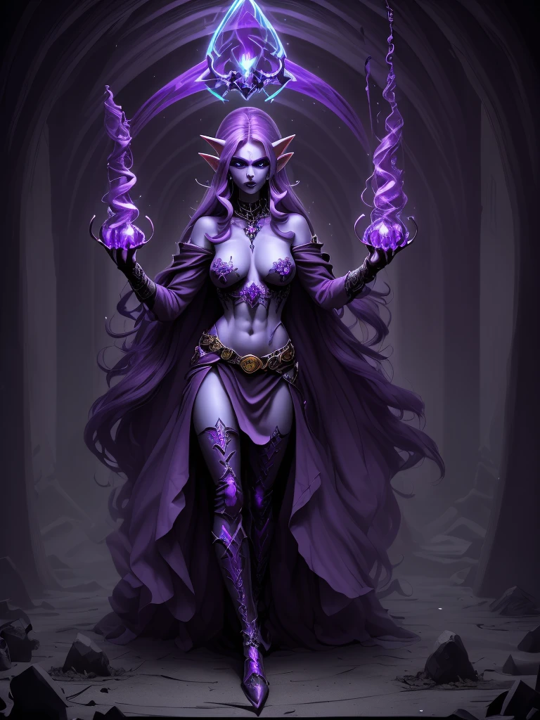 purple hair, elf, necromancer full body, darkness, skulls in the background, casting a spell