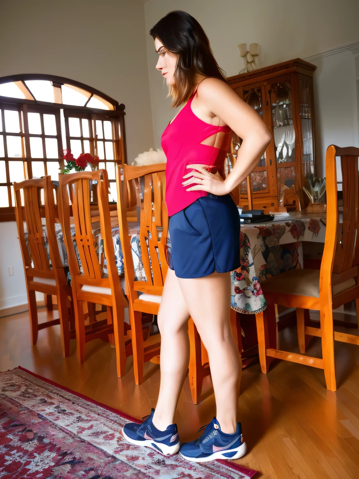 there is a woman standing on a rug in a room, side shot, side pose, side portrait, wearing red shorts, in shorts, side view of her taking steps, sport bra and dark blue shorts, short robust woman, full length view, side profile shot, lunging at camera :4, posed in profile, from side, middle shot waist up
