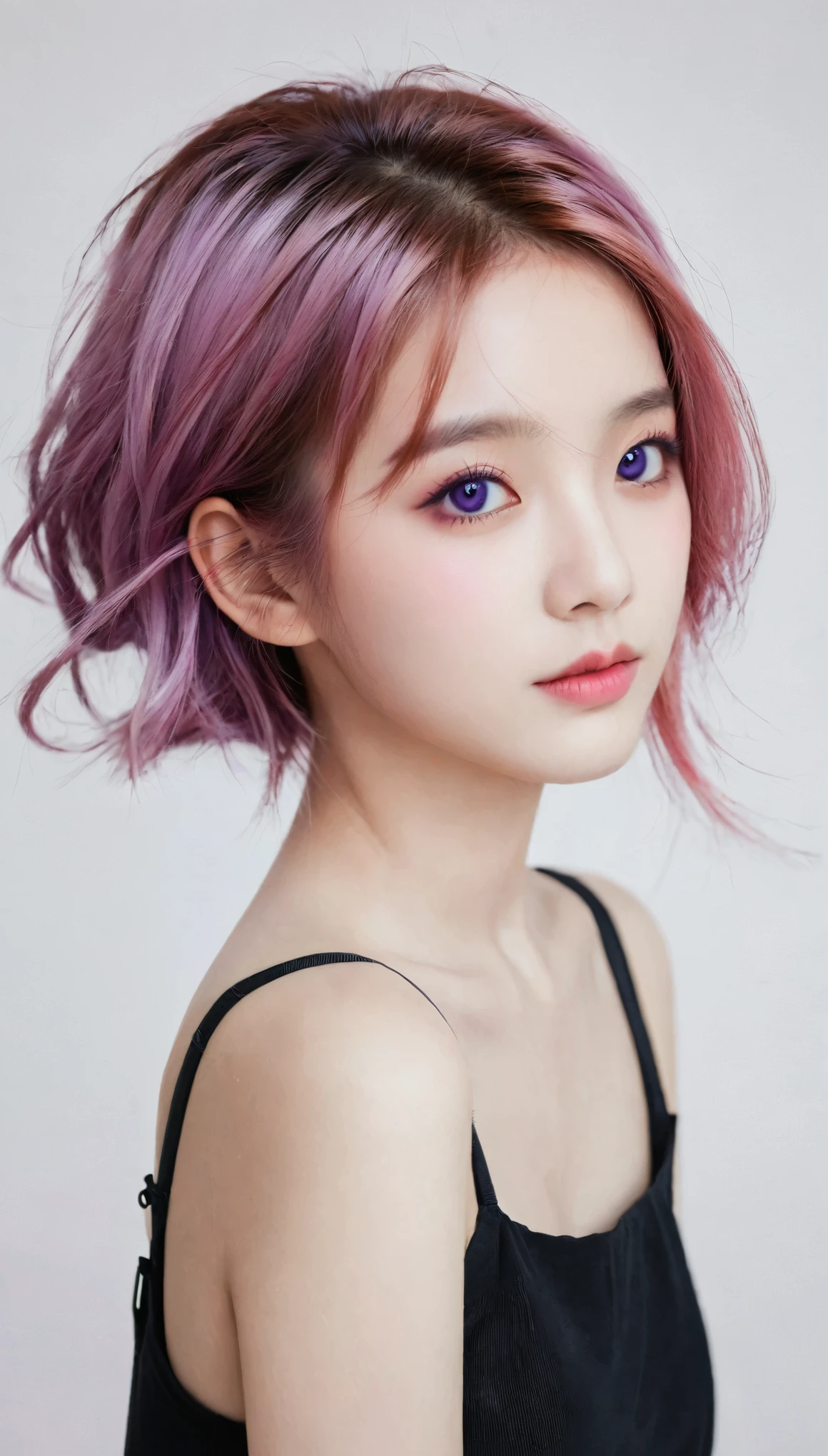 a girl, pink hair ,purple eyes, traditional Chinese ink painting