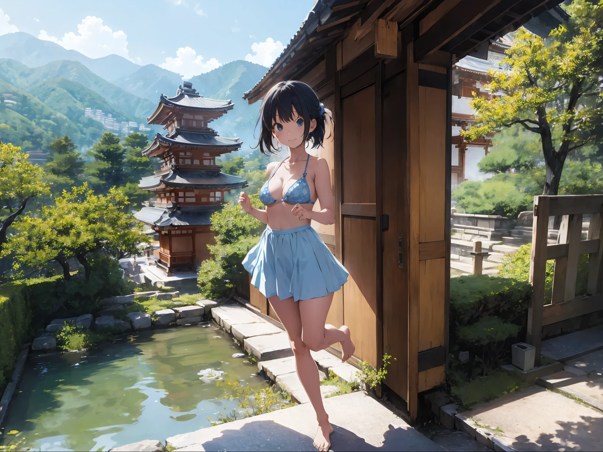Kinkakuji Temple on fire、Light blue micro bikini、barefoot