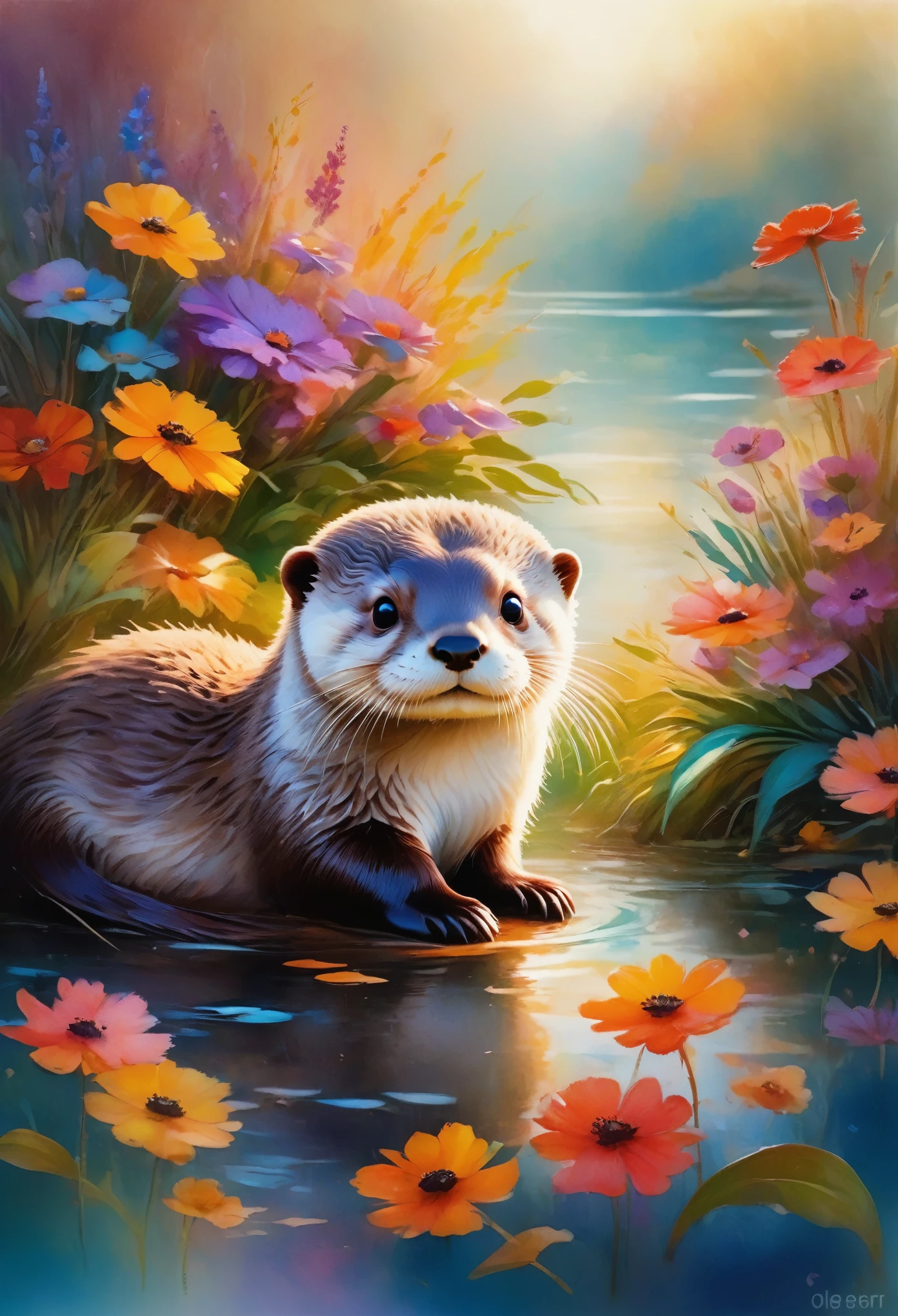 style, Vibrant colors, Dreamy atmosphere, Layered composition, Intricate details, Warm rural background,(Otter Close-up, Fluffy,solitary, big eyes,best quality,Ultra Detailed,Reality), Soft texture, Comfortable atmosphere, Tranquil garden background, Vibrant colors, Warm lighting