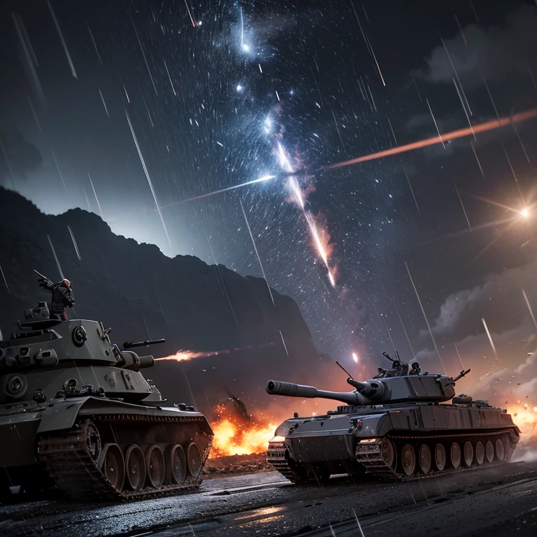 war、Midnight、Artillery fire、Artillery fire、Anti-aircraft combat、A ray of light shining in the darkness、No people in the picture、dam、Firepower、Rain of bullets、圧倒的Firepowerのdam、Heavy machine gun silhouette、Anti-aircraft armored vehicle、Gun barrel pointing to the sky