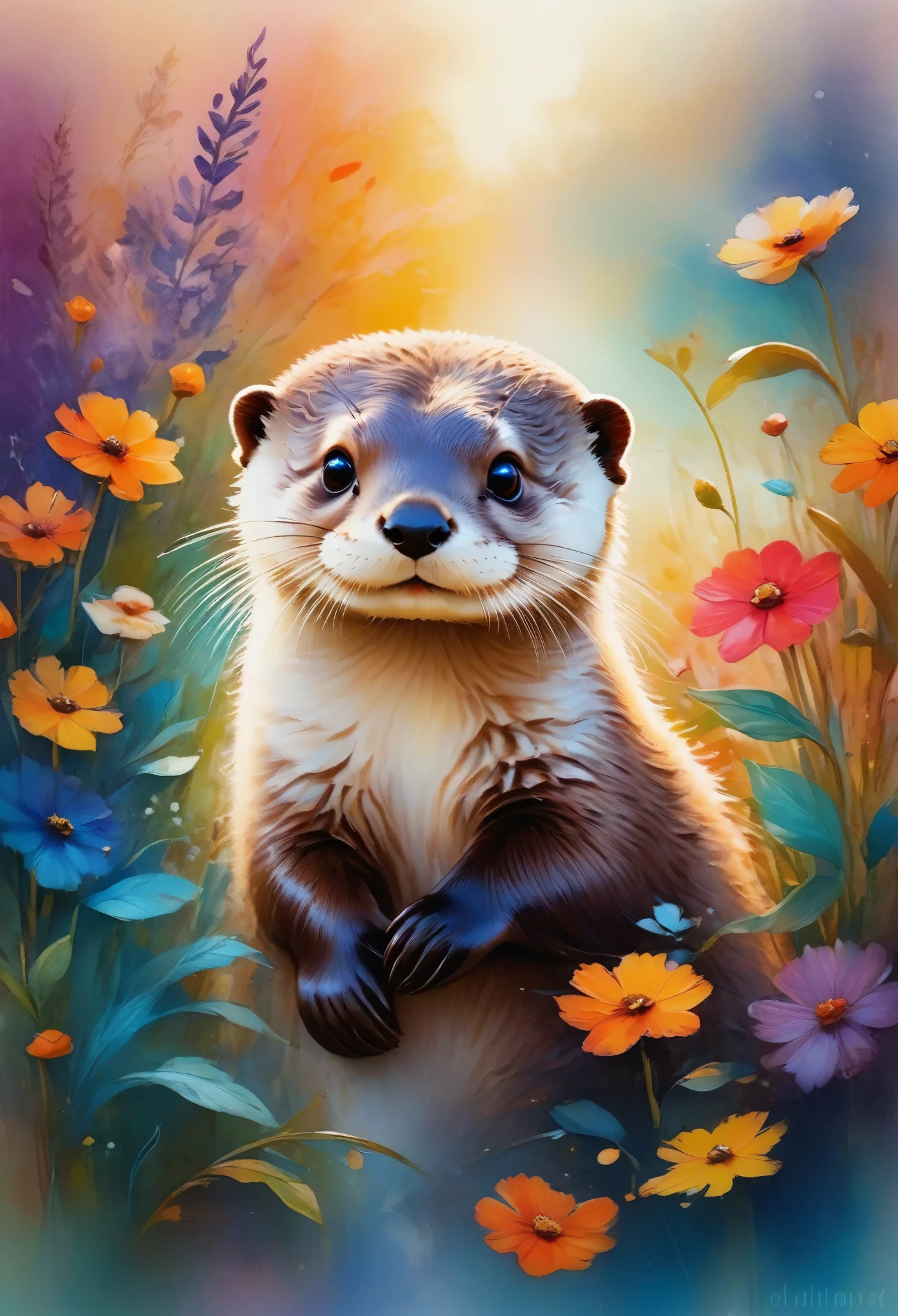 style, Vibrant colors, Dreamy atmosphere, Layered composition, Intricate details, Warm rural background,(Otter Close-up, Fluffy,solitary, big eyes,best quality,Ultra Detailed,Reality), Soft texture, Comfortable atmosphere, Tranquil garden background, Vibrant colors, Warm lighting
