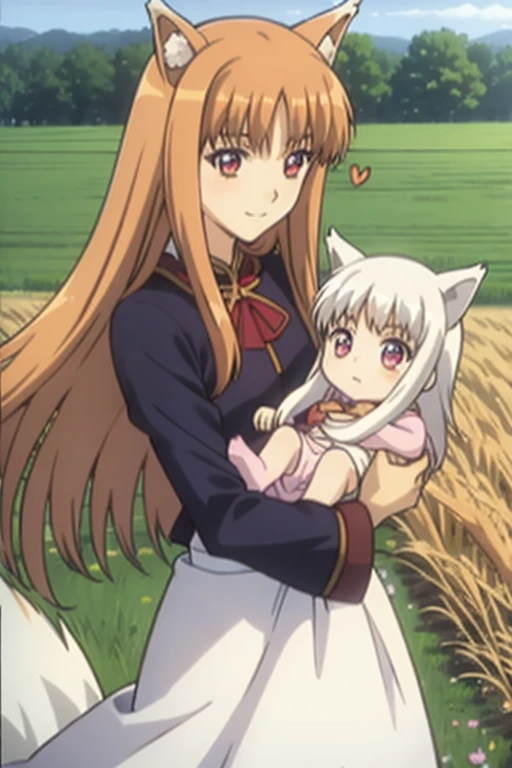 Horo/Holo,Wheat field,carriage,Maid clothes,Eyes are hearts,smile,Holding the baby,baby,With ren,Baby has white hair,Baby with wolf ears