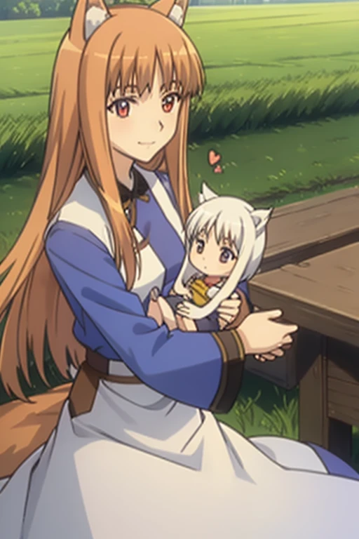 Horo/Holo,Wheat field,carriage,Maid clothes,Eyes are hearts,smile,Holding the baby,baby,With children,Baby has white hair,Baby with wolf ears