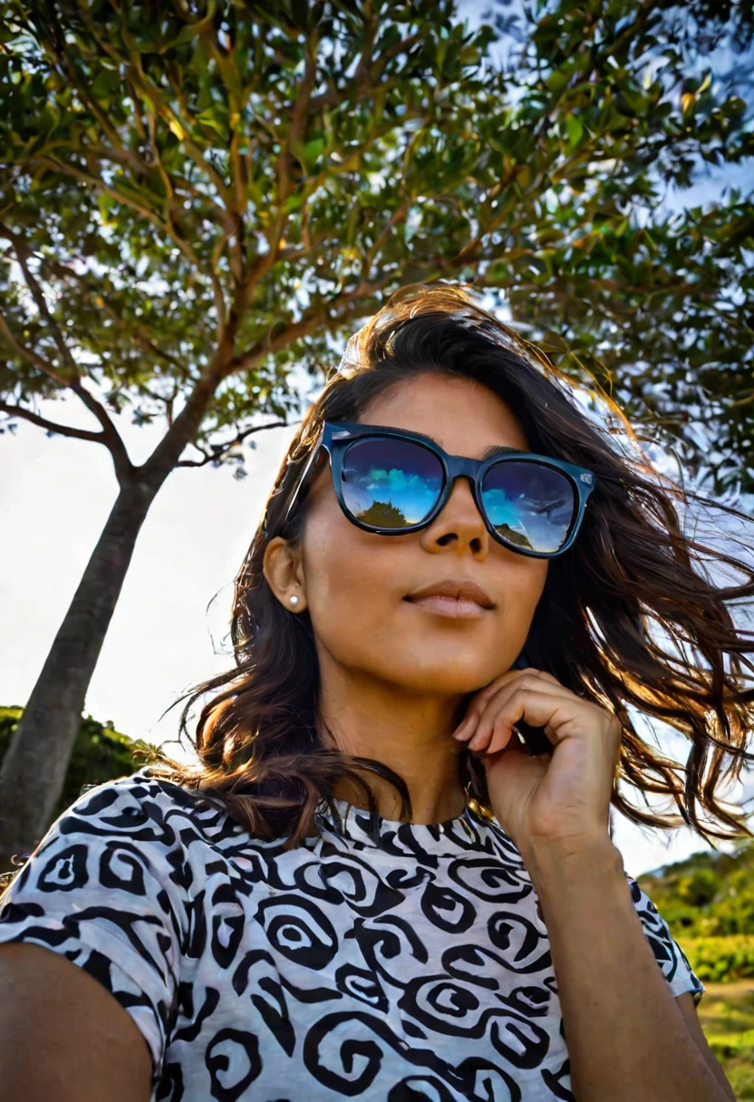 Mulher 38 anos, with perfect strokes, wearing square glasses, looking at the sky next to a tree. A solitary tree complements the scene. To capture this extraordinary scene, a high-resolution camera is required, como a Phase One XF IQ4 150MP. .ability to capture light in adverse conditions. diffuse natural lighting, minimizando sombras fortes. Camera settings include medium aperture, velocidade do obturador ajustada e ISO baixo. a high-quality wide-angle lens with a focal length of approximately 35mm to capture the entire scene in an immersive way. Sharp, precise details are captured, from wavy hair to complex clothing patterns, garantindo uma imagem natural e deslumbrante. "