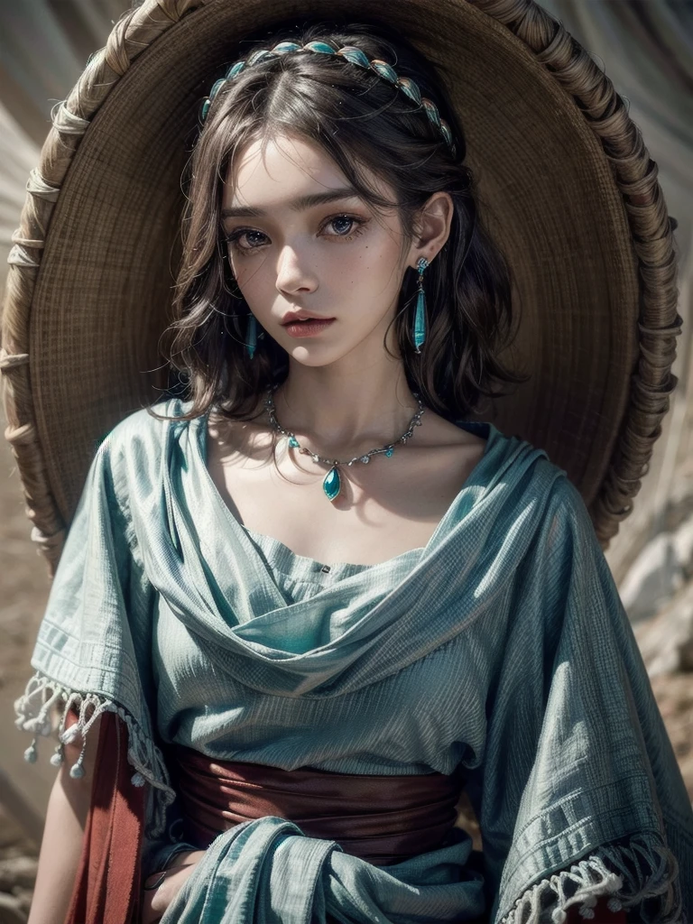 tribal head wrappings, poncho, absurdres, RAW photo, extremely delicate and beautiful, masterpiece, Best Quality, ultra high resolution, 32k, hyperrealistic, ultra-detailed, detailed description, pale skin, 20 years old, tearful mole, earring, short medium hair, wavy hair, whole body shot,