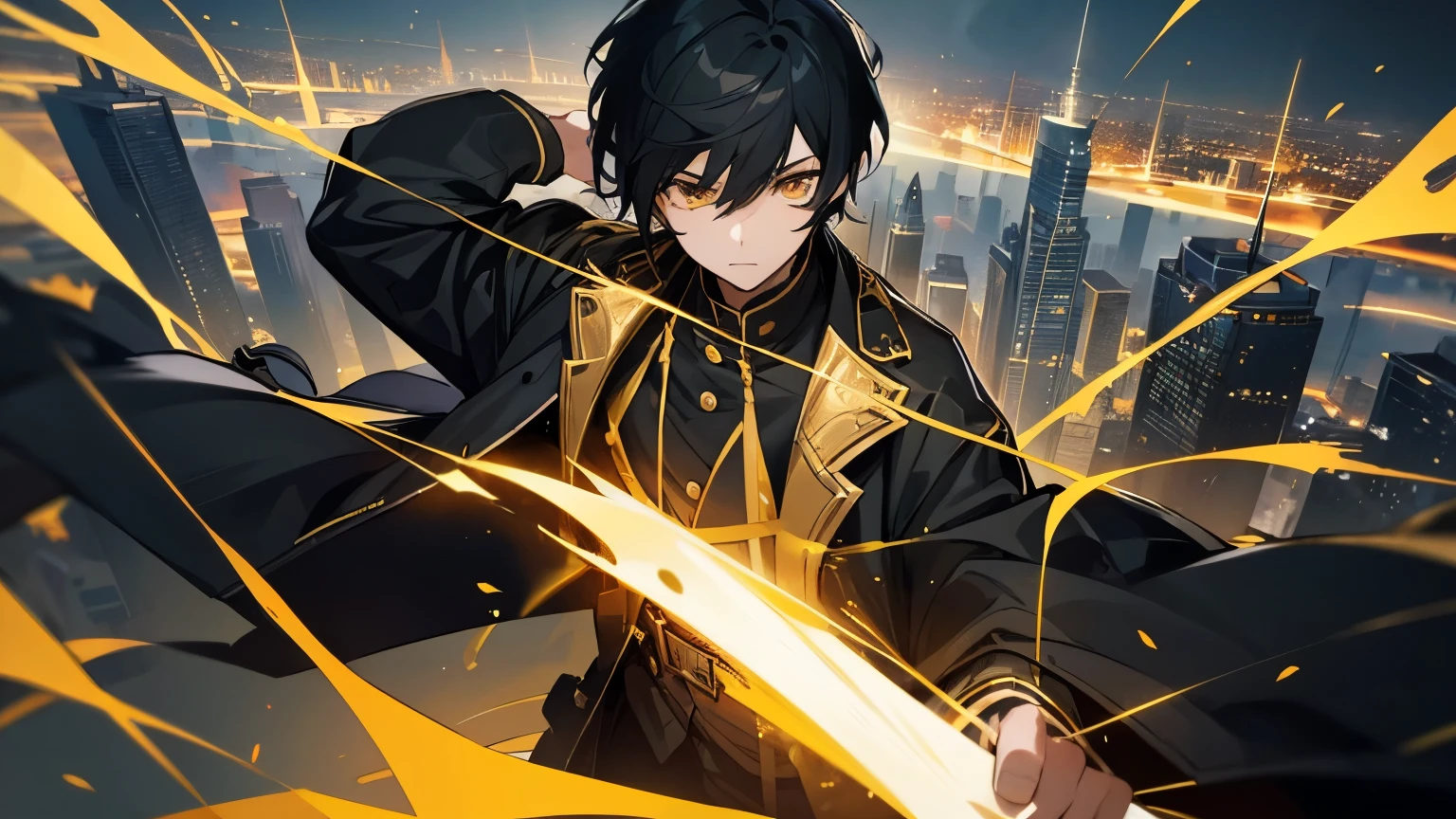 (high quality), dream-state, anime, 9:16, action, Epic Composition, boy, black haired, golden eyes, golden aura, black jacket, striped jacket, ultra detail, city skyline, golden line