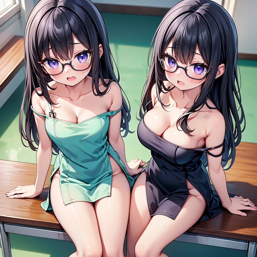 (cute eyes:1.2), (sparkling eyes:1.2), (8K、Best image quality、highest quality、masterpiece)、Detailed face、(2 girls)、Improve、(Black Hair, Purple Eyes, Glasses, long hair)、(open mouth), (embarrassed), (skinny body:1.3),(midium breasts), (Naked Towel:1.3), (strap slip:1.5), (cleavage), Sit on a chair, Classroom Background, (Waistline:1.1),(close-up shot of bust), (from above:1.2)