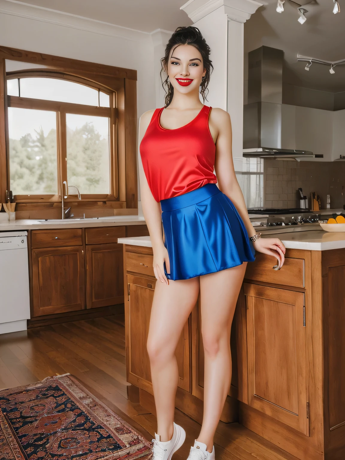 there is a woman standing in a room with a table and chairs, side pose, red tank top and dark blue shorts, in shorts, side photo, tight photo, wearing gym equipment, side portrait, clothing photo, wearing tank top and skirt, with shiny skirt, tank top and sports shorts, dressed in tank top and shorts, high waist. A woman with white skin and dark hair, large and charming, seems to contain a world of wonders and her face is the definition of beauty, highly realistic, reddish skin, beautiful, slightly full lips, red lipstick, smiling, a feeling of lightness and joy , hyperrealism, very elaborate skin, full body photo, sharp photo, high quality, high resolution, masterpiece, high quality, high resolution (ultra quality masterpiece), Ultra HD, high contrast, masterpiece, high contrast, (photographically realistic) HD, high contrast, 16K Masterpiece: 1.3, high resolution, (photographically realistic), NUDE, NUDITY, NFSW.