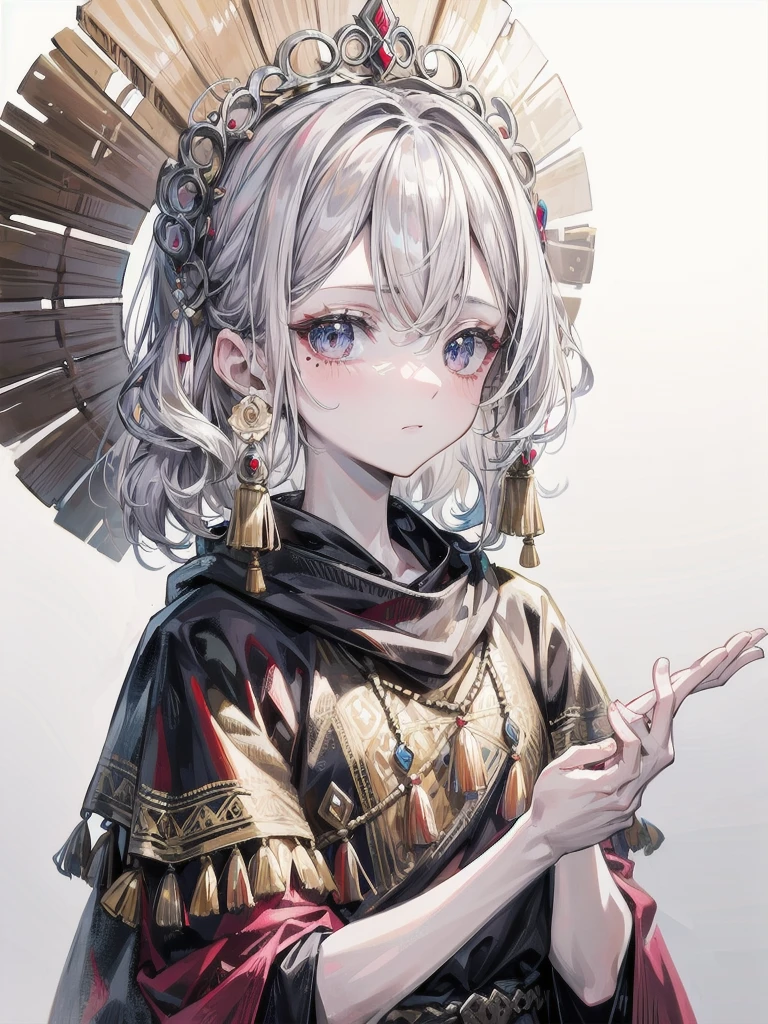 tribal head wrappings, poncho, absurdres, RAW photo, extremely delicate and beautiful, masterpiece, Best Quality, ultra high resolution, 32k, hyperrealistic, ultra-detailed, detailed description, pale skin, 20 years old, tearful mole, earring, short medium hair, wavy hair, whole body shot,