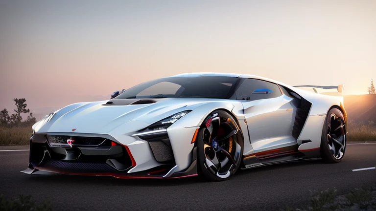 Close-up of a white GT-R parked on the road, Concept car, render of futuristic Supercar, Very futuristic, futuristic Concept car, Concept ar, Futuristic product car shot, Car concept, rendering, futuristic Car concept, ハイパーリアルrendering, エクストリームrendering, Supercar, Sleek lines and powerful、NISSAN,