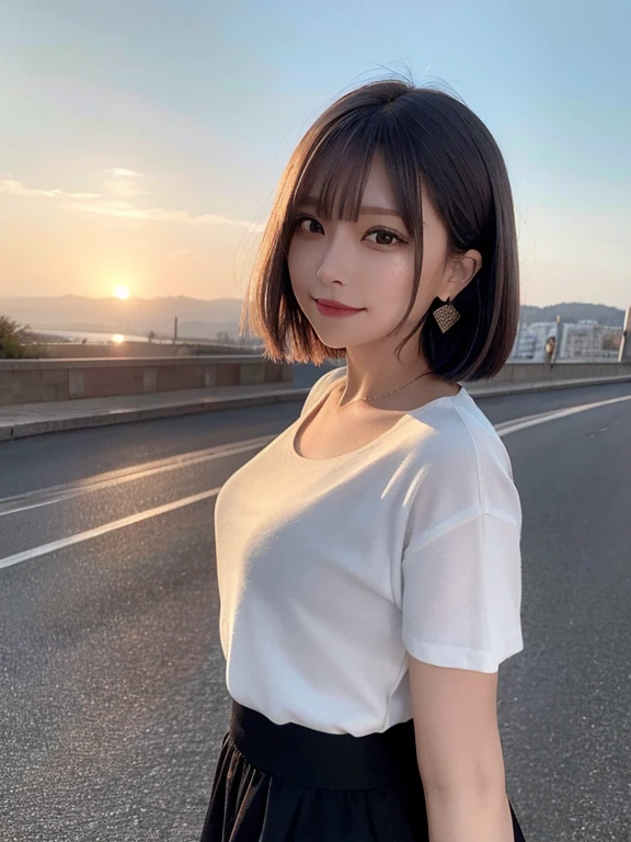 masterpiece, highest quality, High resolution,alone,Two-tone hair, Small earrings,Bob Cut Hair,Artistic,sunset,Best lighting,casual,Flat Chest,Beautiful Face,expensive,smile,light makeup,natural,27 years old,Calm woman,Hair blowing in the wind,Blurred Background,Face Focus,Detailed Hair,A woman laughing,A woman wearing a skirt,Cafe