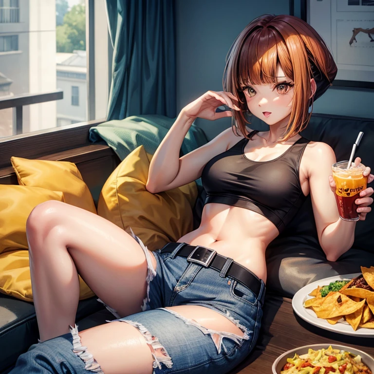 A woman in a tank top and full-zip shorts eating nachos at a taco stand　Jeans have belts　　Big butt　Detail the buttocks　Detailing the groin area　