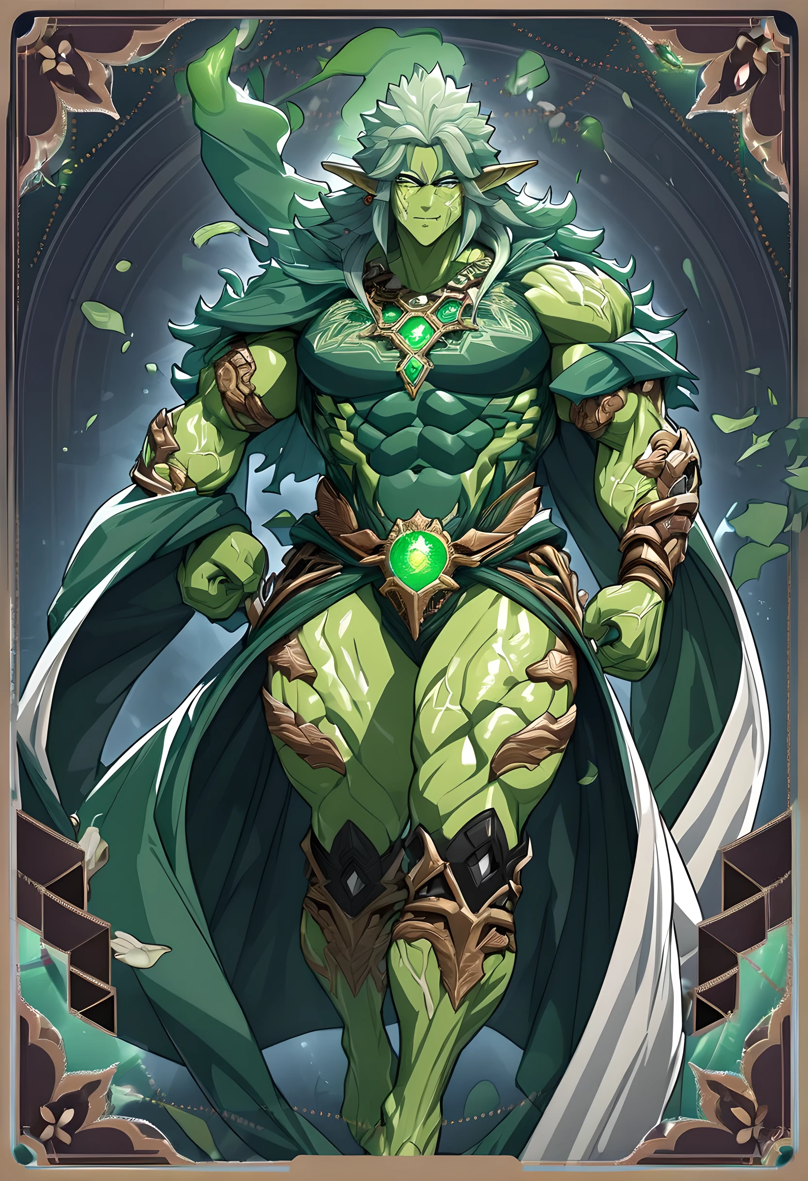 (((intricate design))) (((top quality))) (((16K))) (((High Definition))) 16K splash art (((photorealistic))) high-res, ultra sharp, ((masterpiece)), cyborg, the best quality, expressive eyes, perfect face, (((druid outfit))) Super eyes, perfectly detailed anatomy (((Volumetric lighting))) (((natural lights))) (((1Male))) (((Bodybuilder))), (((muscular))), (((hyper pecs))) there is a sexy mature man with green paint on his body, slick shaved sides hairstyle, ((thighs)) bodily fluids, round butt, green coloured skin, green skin! (((green coloured skin!!))), (((green skin))). (((green-skinned))), (((elegant robes))) ((green skin with scales)), ((green skin)), windy, (((in the forest))), (((greenish skin))) plantation on the male body, windy, leaves falling (((a powerful nature deity))), elf ears, druid magic, cell-shaded adult animation, green gem necklace, hot reptile muscular humanoid man, muscular green body. Hazel eyes, glowing veins, nature spirit, long sash, transparent legs,