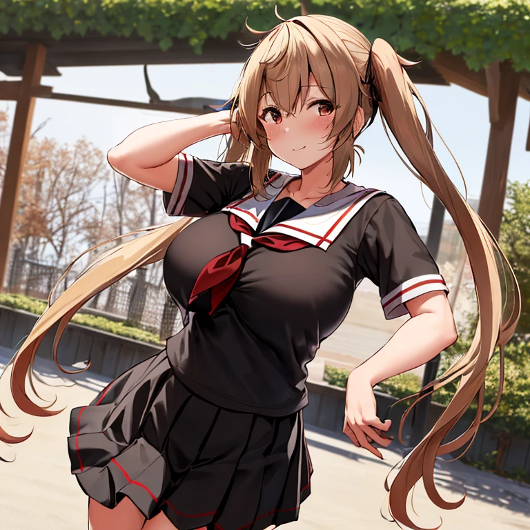 masterpiece, best quality, highres, aamurasa, long hair, twintails, enormous breasts, gigantic breasts, white sailor collar, red neckerchief, sailor shirt, black shirt, short sleeves, black skirt, pleated skirt, cowboy shot, standing blush smile, outdoors, straight-on, simple summer background,