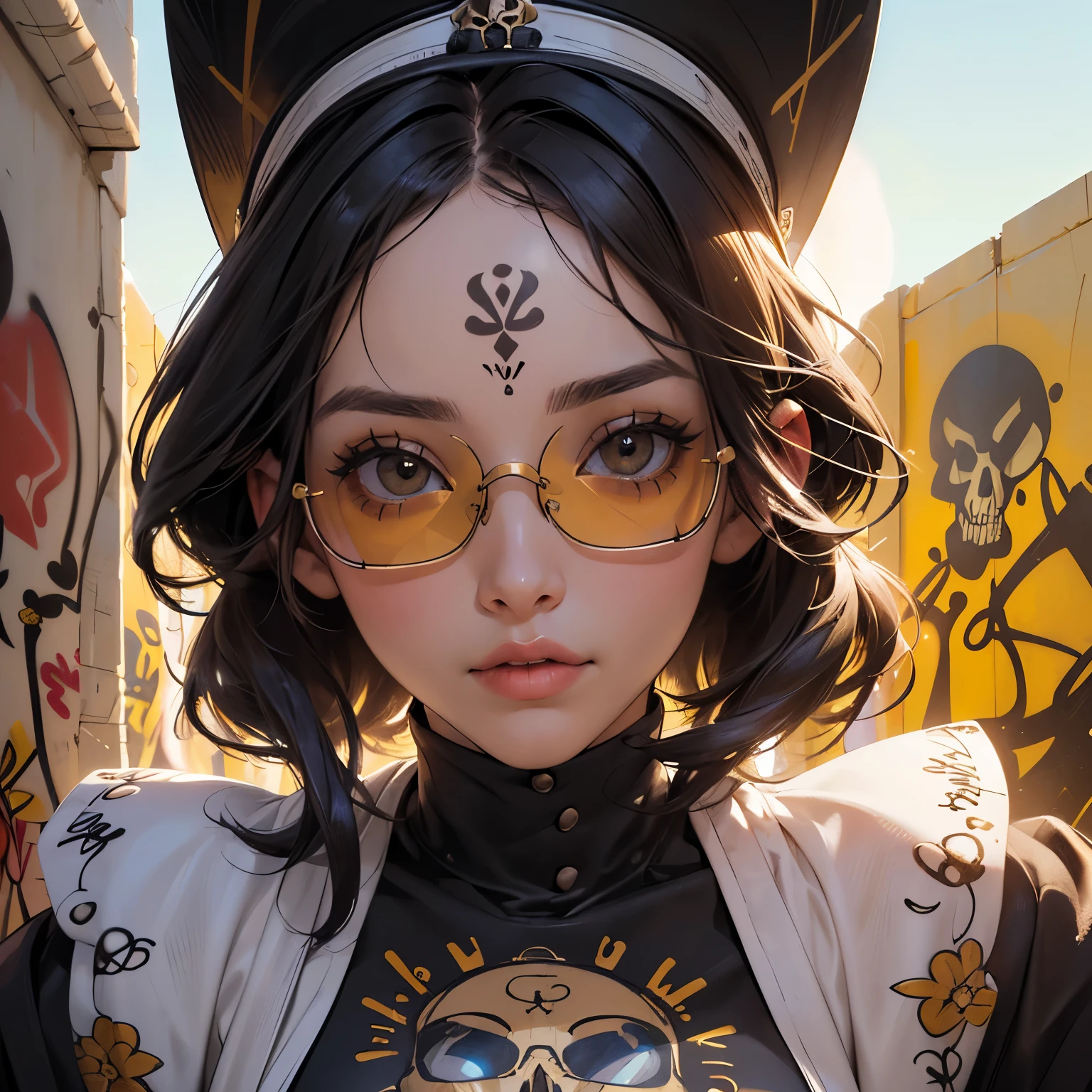 8K resolution、((of the highest quality))、((Obra maestra))、((super detailed))、1 hembra、alone、incredibly absurd、 (((the most beautiful girl of all time))), (((gafas de sol con estilo))), labios enamorados, Gorra elegante,pelo corto、small breasts, ((skull(pared de arte graffiti))), cabello colorido, provocativo